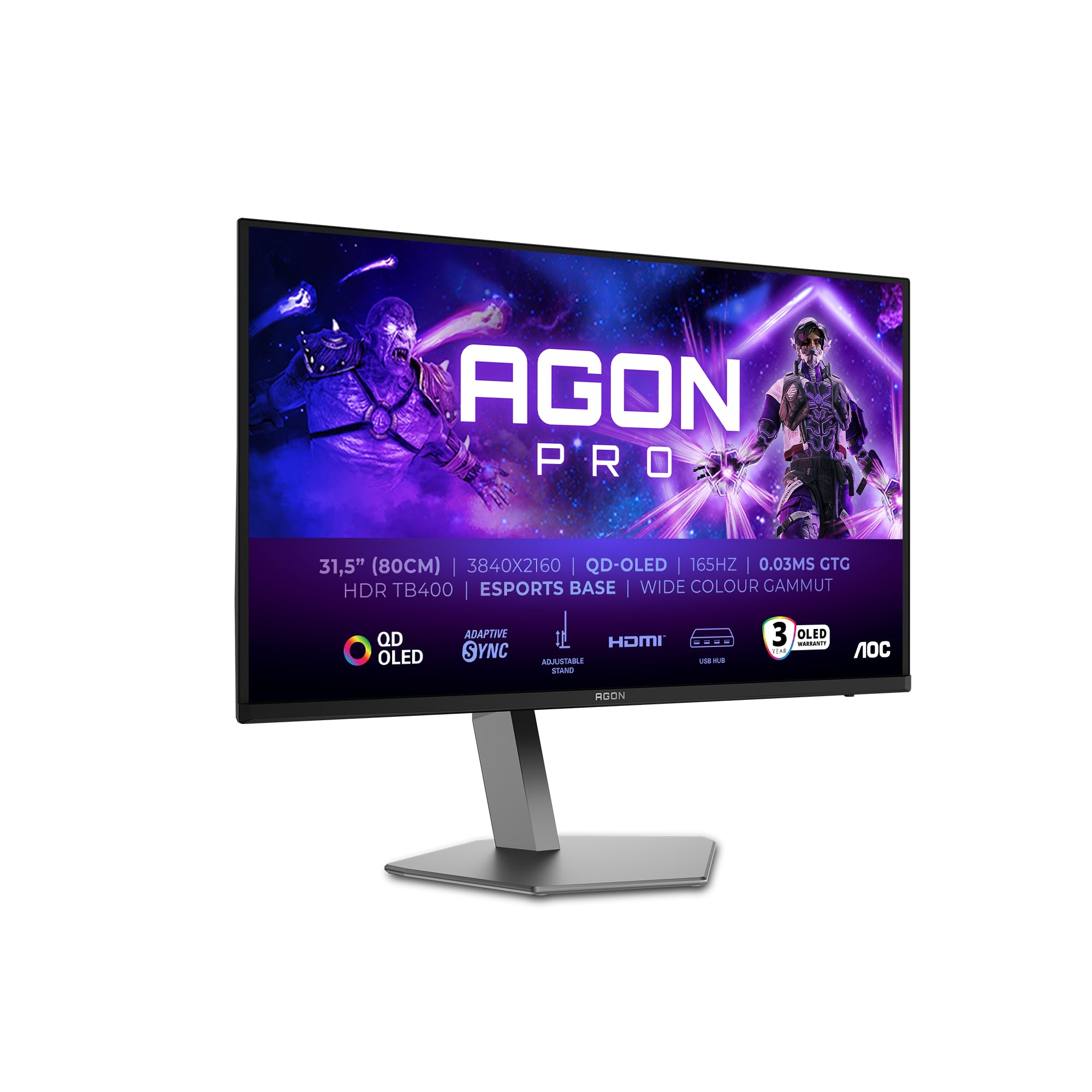 AOC AGON Pro 326UD - Monitor da gioco OLED UHD da 32 pollici, 165 Hz, 0,03 ms, HDR400, FreeSync Prem. Pro, G-Sync comp. (3840x2160, 2x HDMI 2.1, 1x DP 1.4, Hub USB) nero grigio