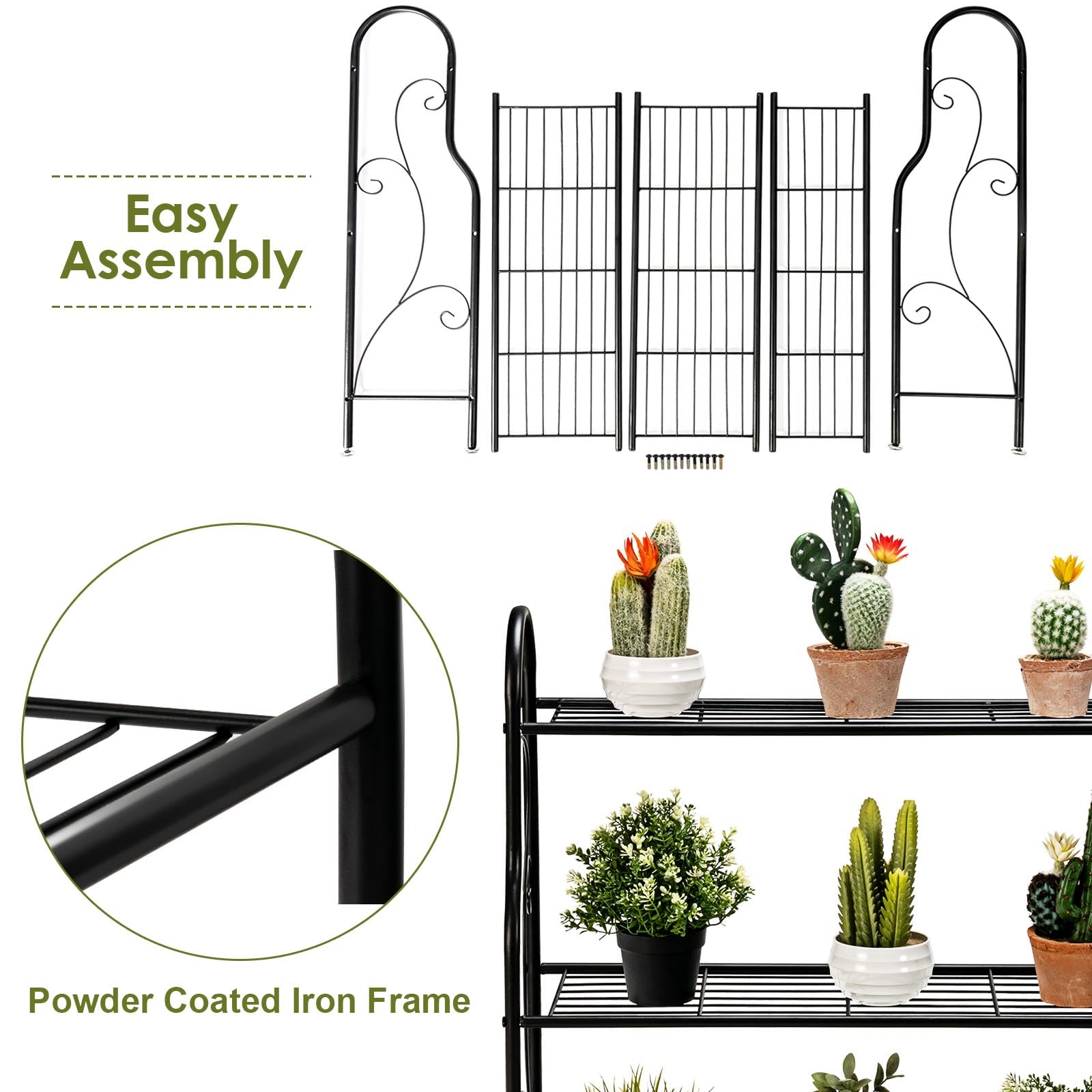 HOMASIS Support de plantes intérieur à 3 niveaux, étagère pour plantes en métal, porte-pots avec repose-pieds réglable, étagère multifonction pour balcon, cour, salon, 72 x 25 x 85 cm, noir
