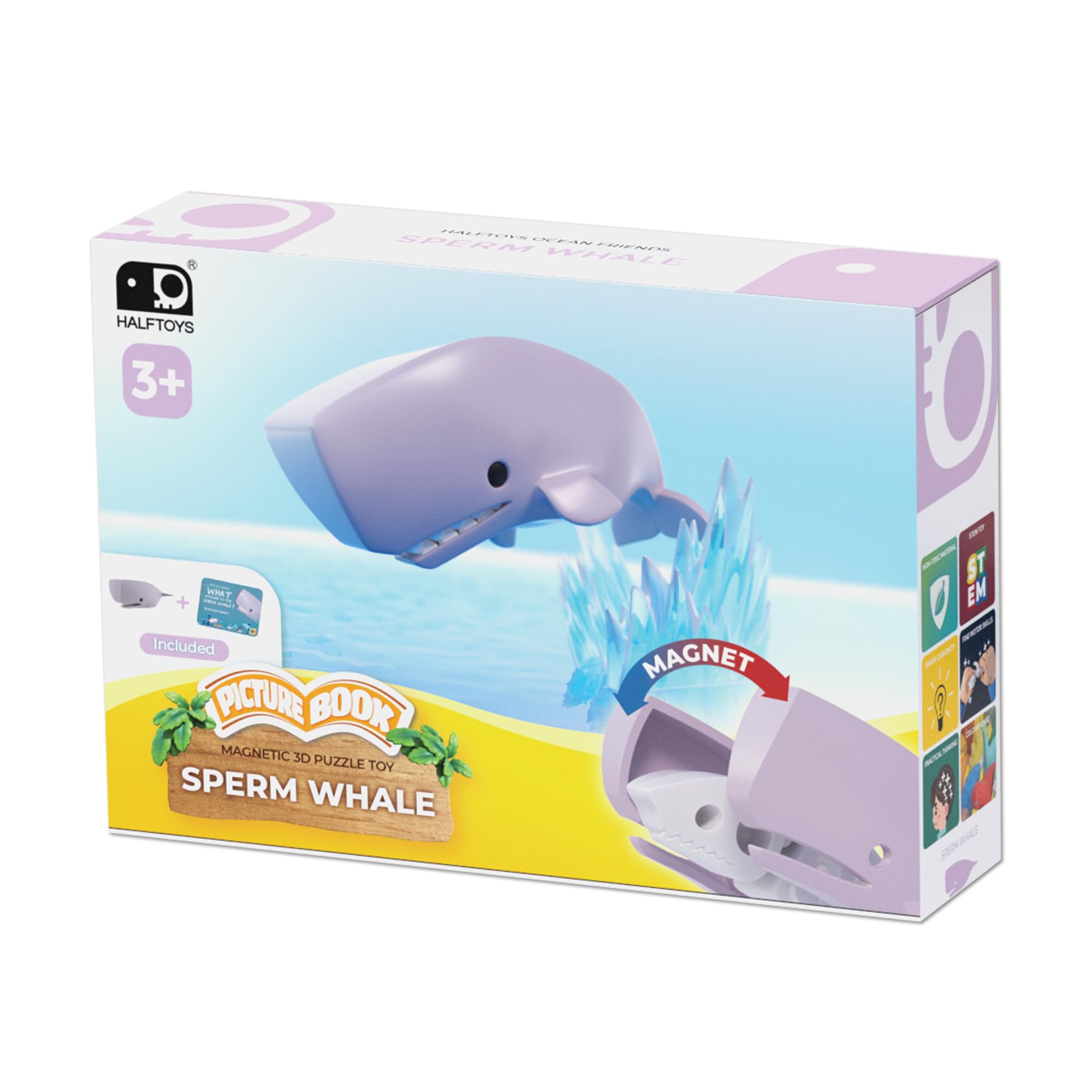 Halftoys Picture Book | Illustrated Story & Magnetic 3D Puzzle Toy | Multi-Sensory Learning | Safe, Durable & Washable | Perfect for Little Hands (Sperm Whale)
