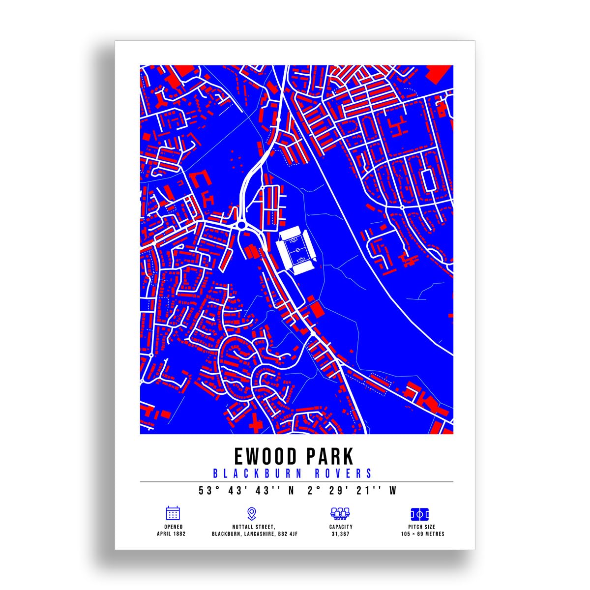 Mounted Gifts Trading A3 Poster Only Ewood Park Stadium Map Minimalist A4/A3 Poster Photo Print Framed Gift Blackburn Rovers (A3 Poster Only)