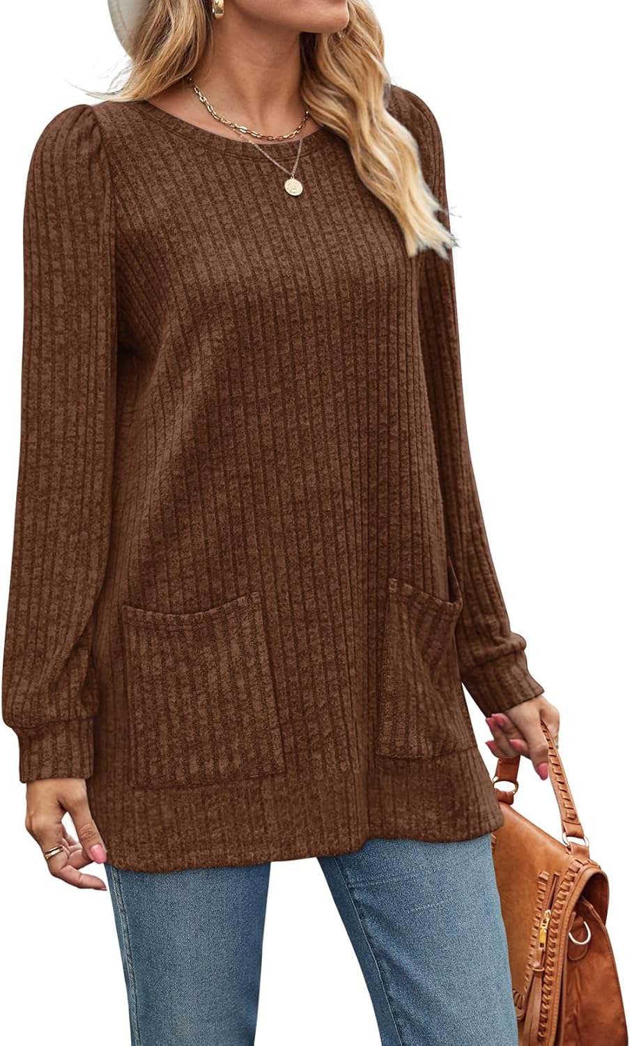 OFEEFAN Long Sleeve Shirts for Women Long Sweaters with Pockets Tunic Tops Loose Fit - Image 3