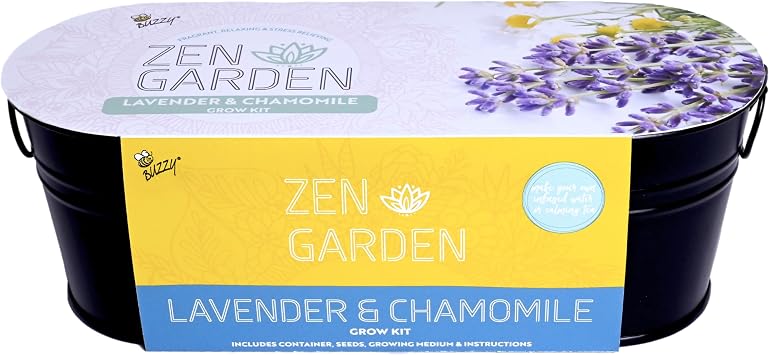 Buzzy Seeds Chamomile & Lavender Wellness Grow Kit - Metal Windowsill Planter - Complete Indoor/Outdoor Gardening Kit with Seeds, Coconut Husk Growing Medium & Genuine Pots - 100% Grow Guarantee