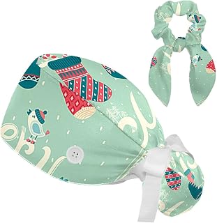 FVQL 2 Pieces Surgical Cap for Long Hair Scrub Cap with Hairband Nurse Cap, Christmas and Bird Pattern