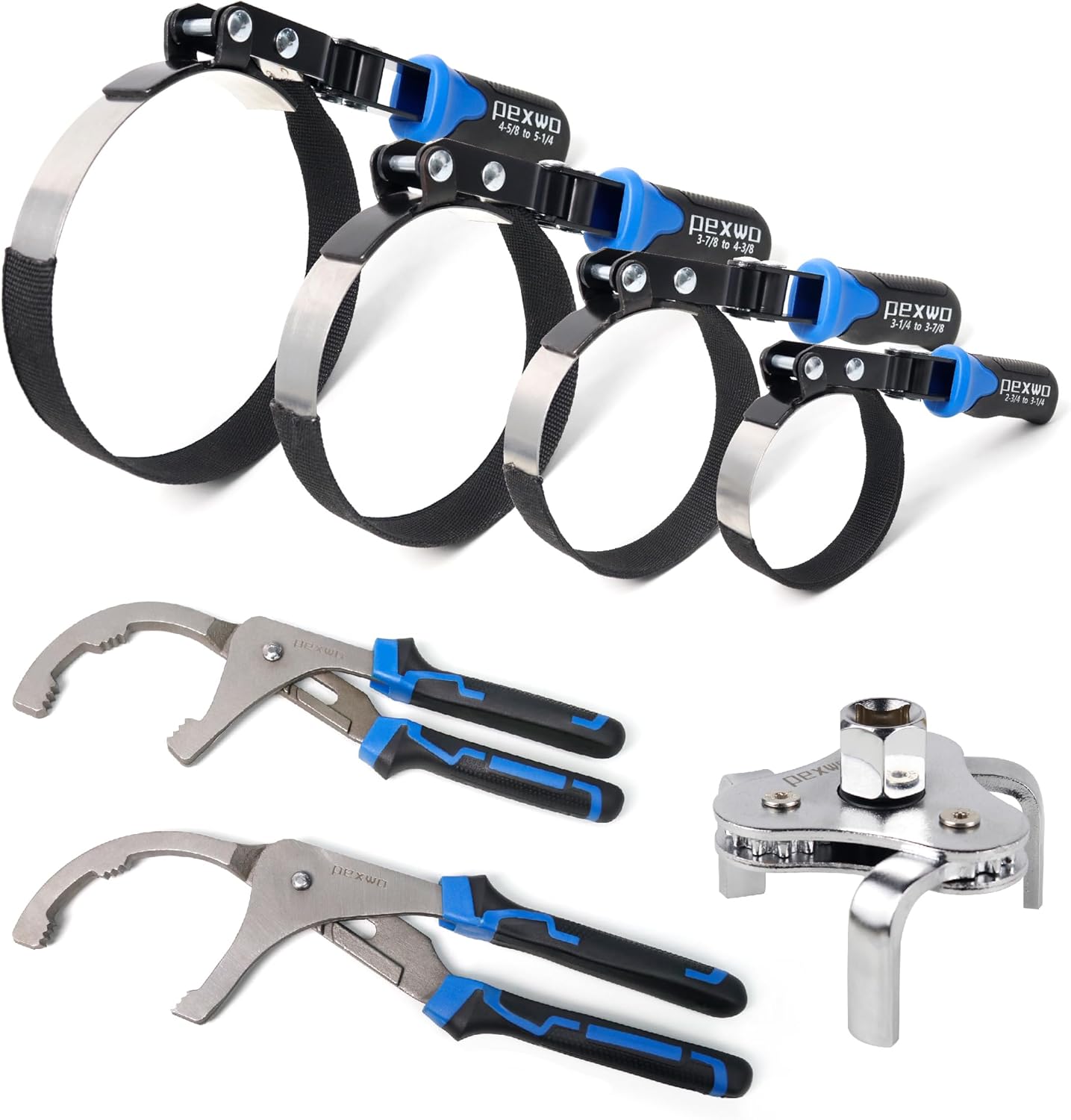 8PC Oil Filter Wrench Set - Swivel Wrenches (2-3/4" to 5-1/4") + Adjustable Pliers (9" & 12") + 3-Jaw Removal Tool w/ 1/2" & 3/8" Adapter - Universal Oil Filter Removal Kit