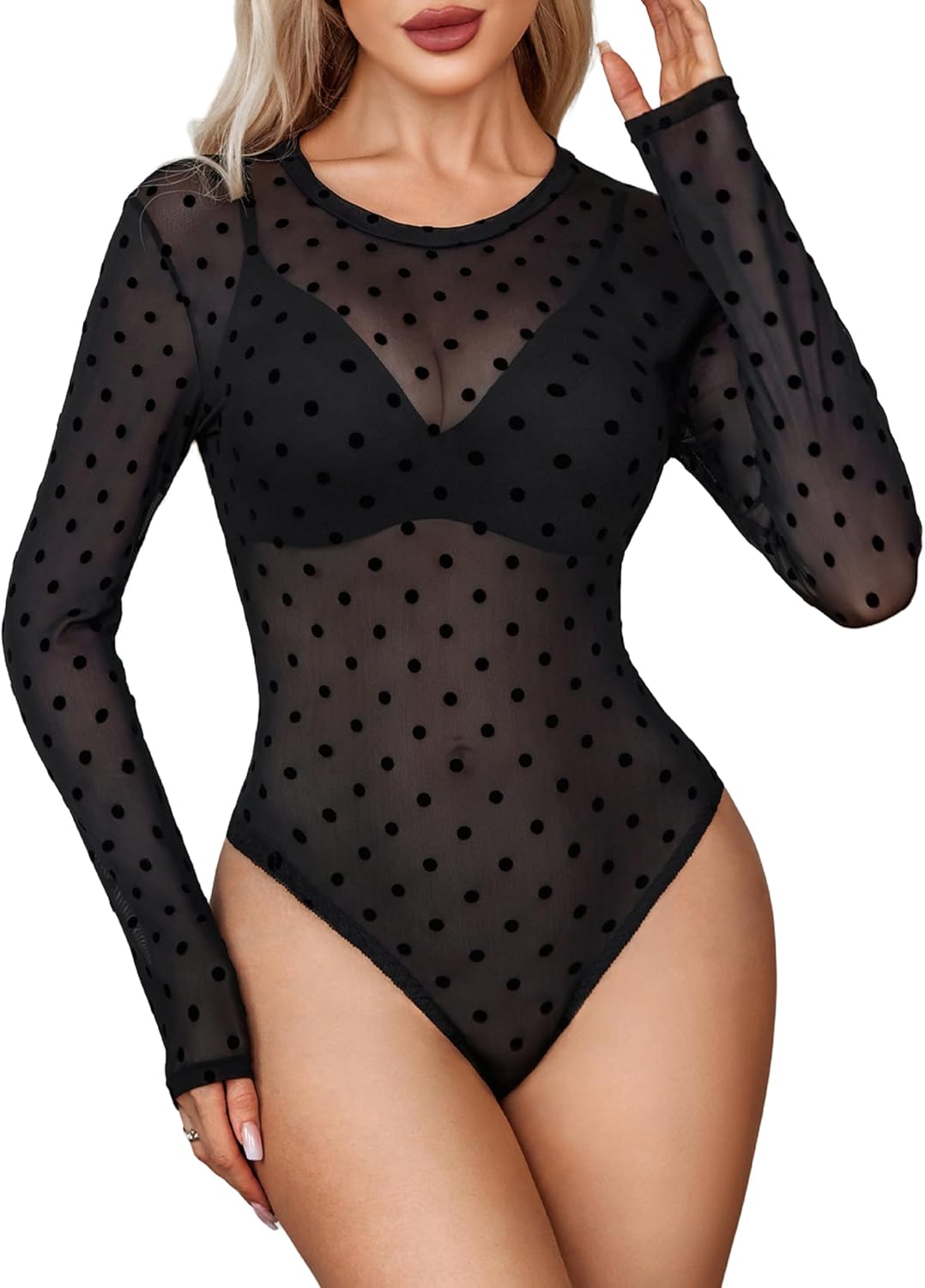 Avidlove Womens Mesh Long Sleeve Bodysuit Round Neck Sheer Leotards Geo Print Bodysuit Top with Snap Crotch