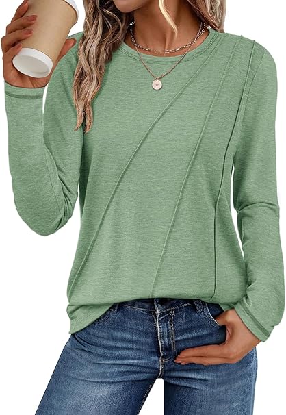 ATHMILE Womens Long Sleeve Shirts Pleated Crew Neck Casual Fall Fashion Tops Loose Fit Lightweight Girls Outfits Clothes
