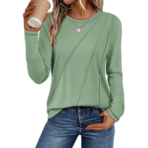 ATHMILE Womens Long Sleeve Shirts Pleated Crew Neck Casual Fall Fashion Tops Loose Fit Lightweight Girls Outfits Clothes