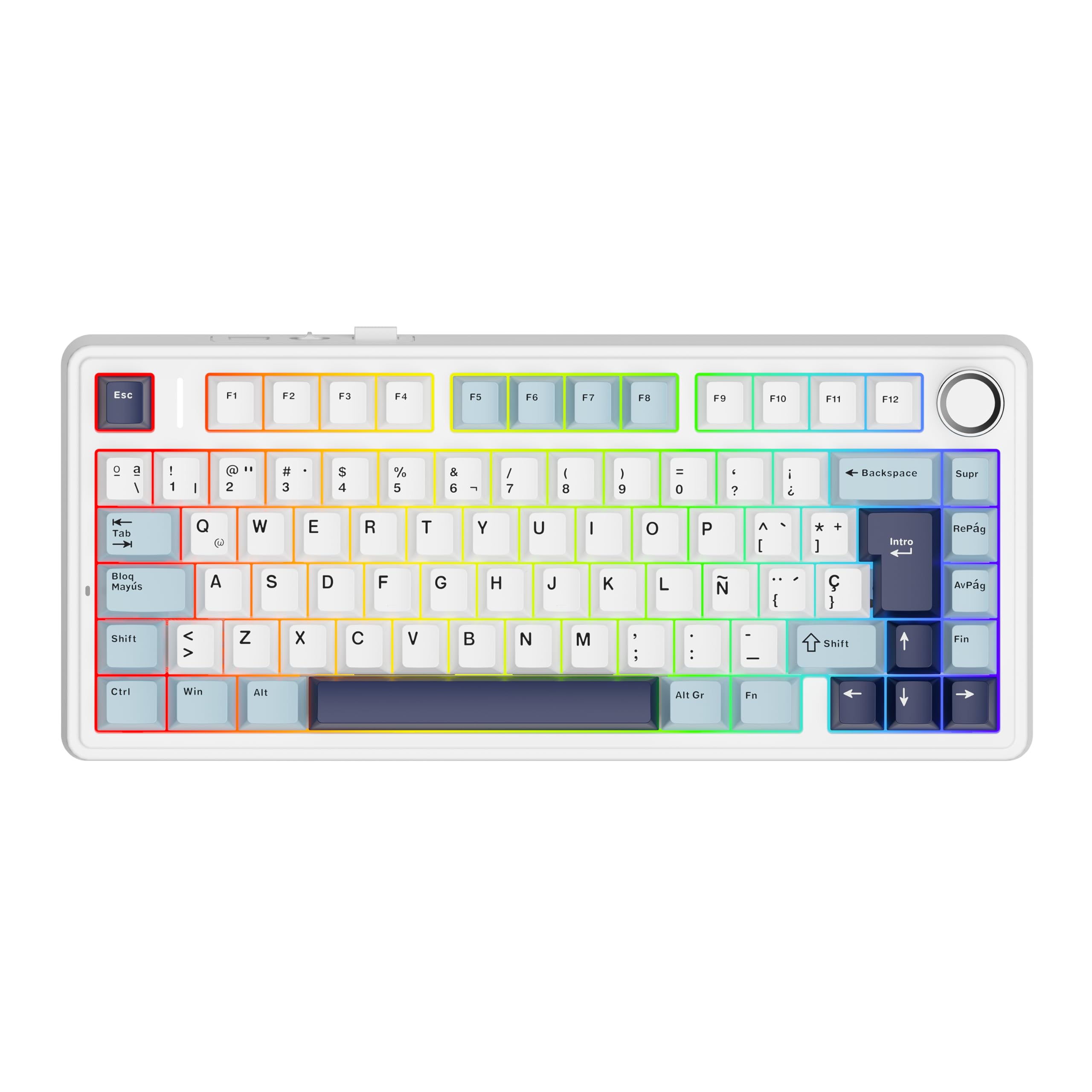 MechLands Aula F75 75% Teclado Mecánico para Gaming, Distribución QWERTY Español, Retroiluminación RGB, Teclado BT5.0/USB-C/2,4 GHz con Mando Giratorio, Reaper Switches para Win/Mac (Azul Claro)