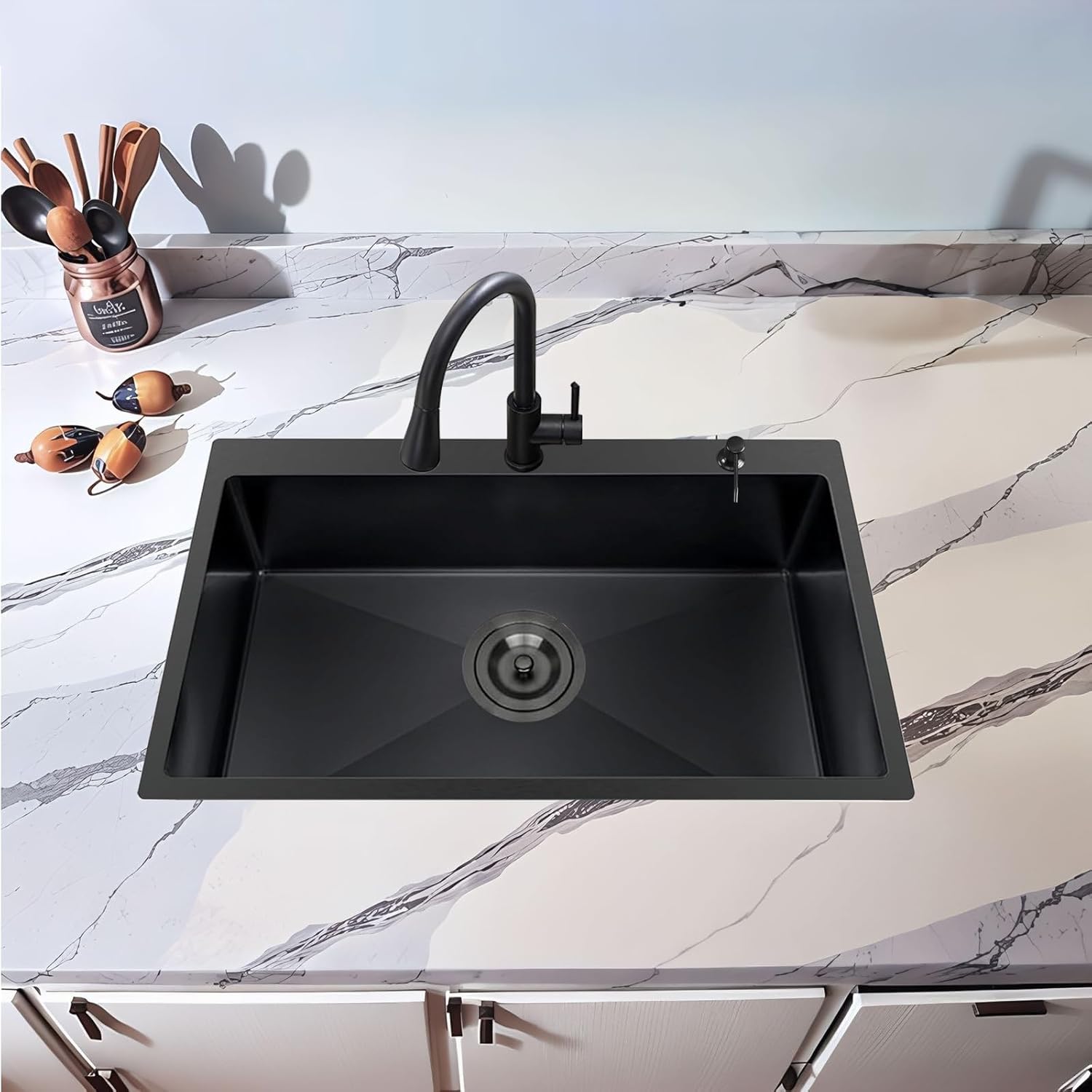 33 x 22 Inch Black Kitchen Sink, Topmount Drop In Stainless Steel Single Bowl Kitchen Sink, 16 Gauge Extra-Thick Modern Bar Prep RV Laundry Sinks with Dish Grid and Basket Strainer,VLSYJ3322BW