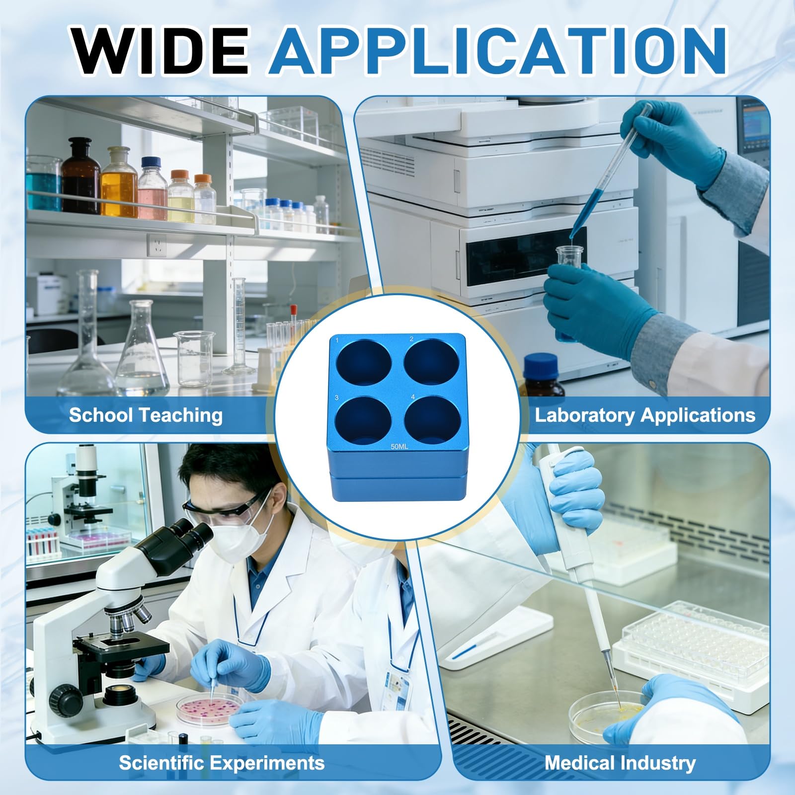 PATIKIL 4 Pozzi Porta Provette Microcentrifuga Raffreddato, Vassoio Piastra Coltura Tessutale, Blocco Raffreddamento Alluminio per Provette PCR 50ml, Attrezzatura Laboratorio, Blu Chiaro