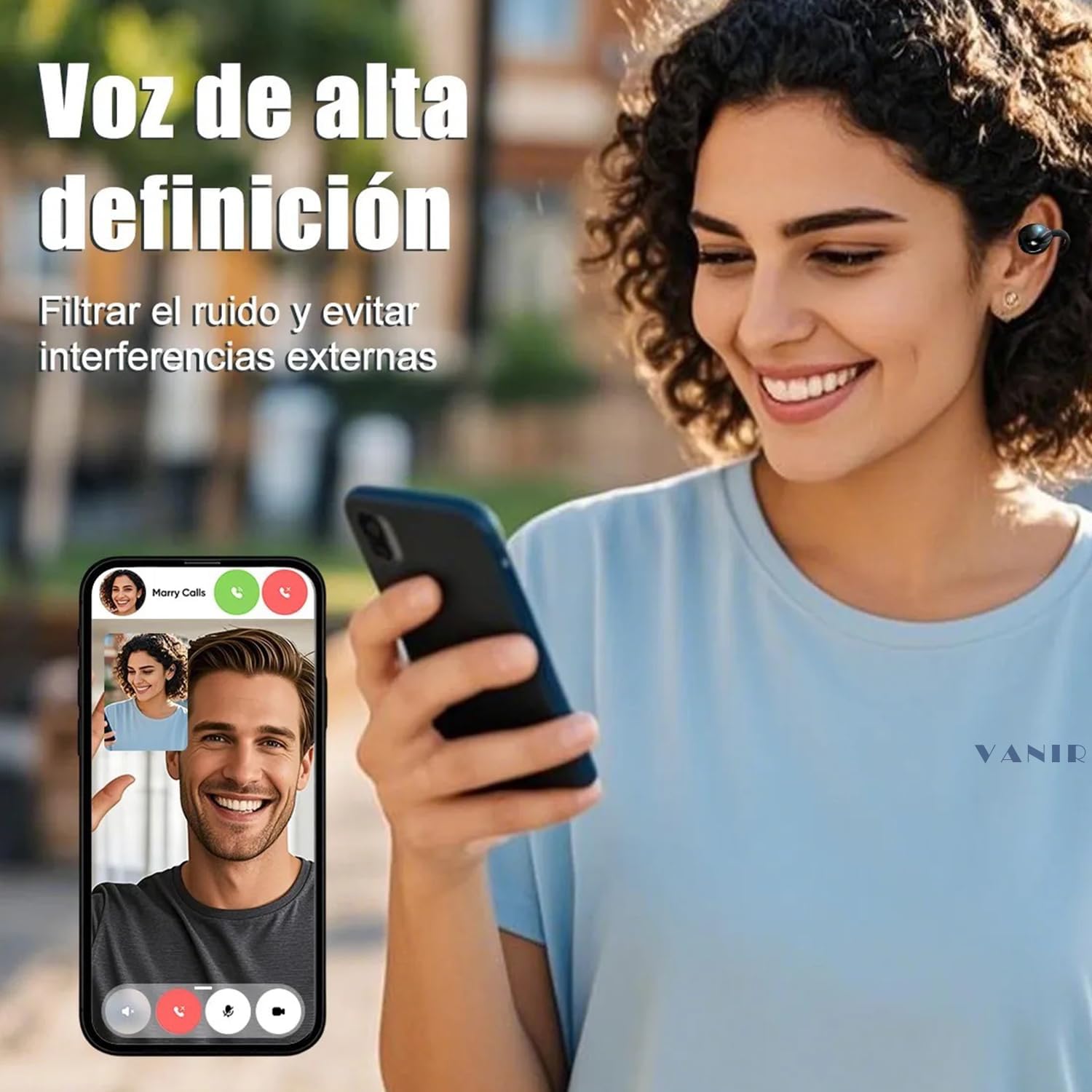 Woman on a call using VANIR earbuds, with phone screen showing call interface