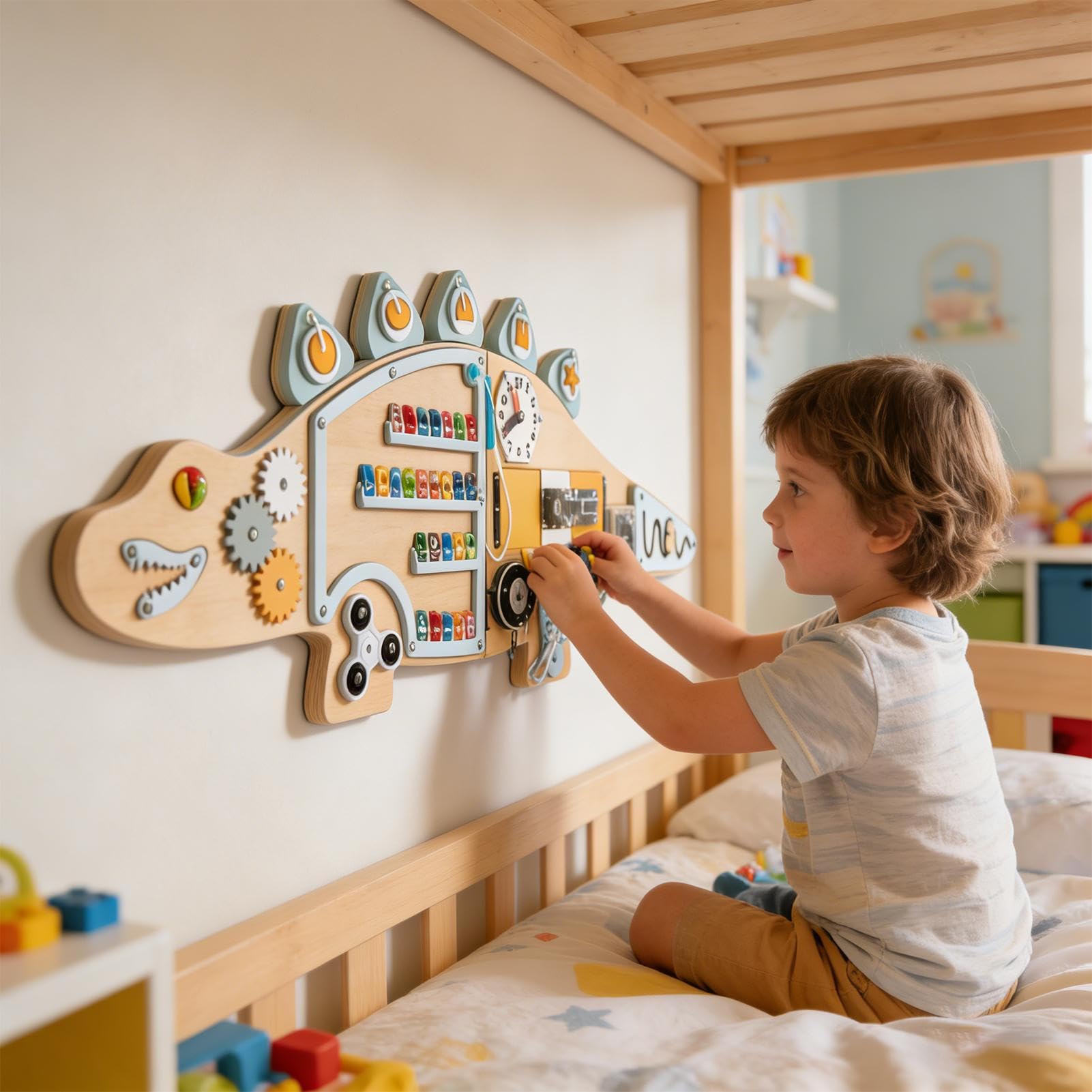 Ścienna Tablica Sensoryczna Edukacyjna Zabawka z Kształtem Dinozaura | Drewniany Panel Sensoryczny Ścienny dla Dzieci Chłopców Dziewczynek do Domu Klasy Pokoju Zabaw