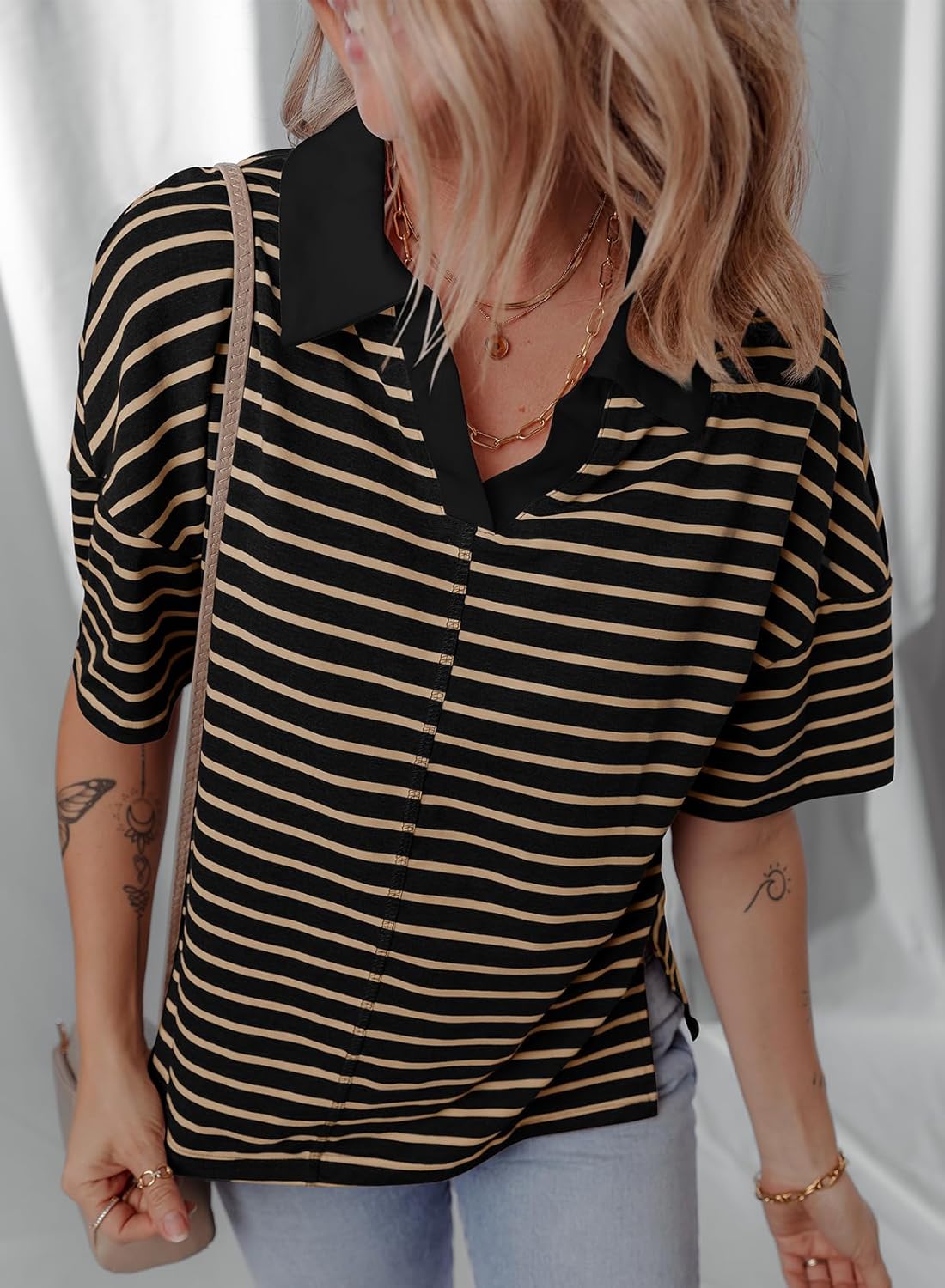 Dokotoo Tops for Women Striped 2025 Fashion Oversized T Shirts for Women Color Block Polo Shirts Basic Tee - Image 3