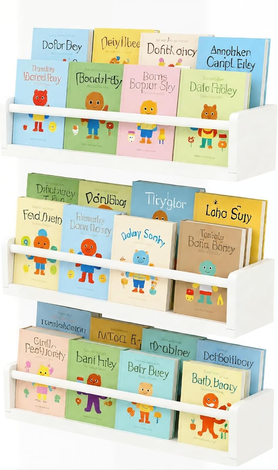 White Nursery Floating Shelves Set of 3– Wall Mounted Kids Bookshelf & Toy Organizer – 16 Inch Rustic Pine Hanging Display Book Shelves for Bedroom, Playroom, and Baby Decor