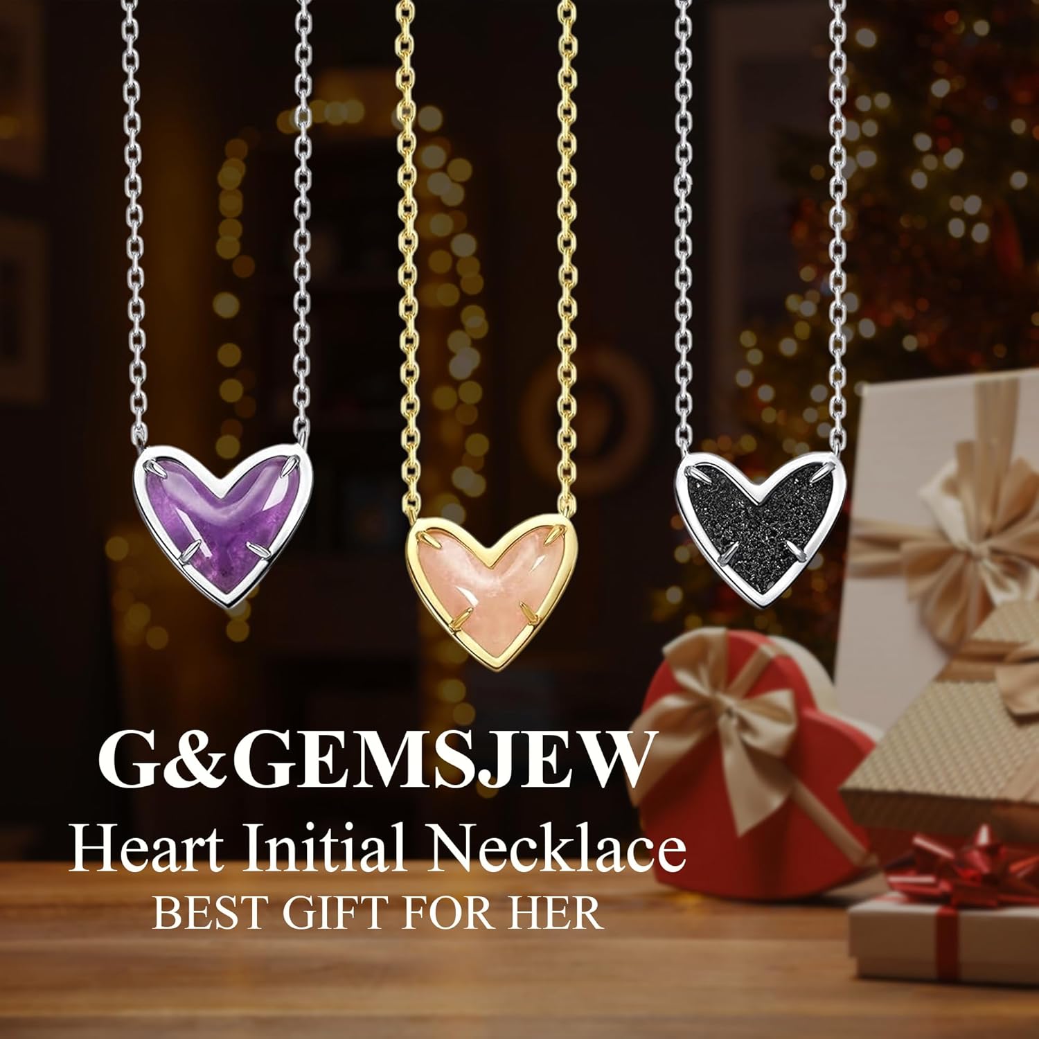 G&GEMSJEW Natural Stone Pendant Heart & Teardrop & Irregularity Necklace for Women | 18K White Gold Plated Chain | Natural Rose Quartz & Moissanite | Adjustable 18"+2" Jewelry - Image 3