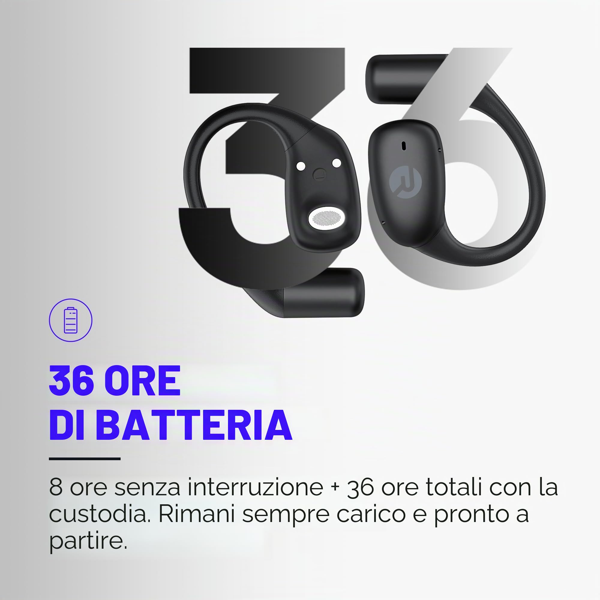 Raycon Essential Open Earbuds – True Wireless Open Ear Bluetooth 6.0 Cuffie, Ultra-Leggero, Comfort Hook Design, IPX5 Resistente all'acqua, 36 ore di durata della batteria (viola)