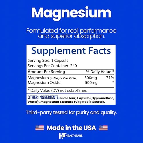 Miniatura 3 de HealthFare Óxido de magnesio de 500 mg  240 cápsulas veganas  Suplemento mineral esencial extra fuerte  Fórmula de alta absorción  Sin OMG, sin