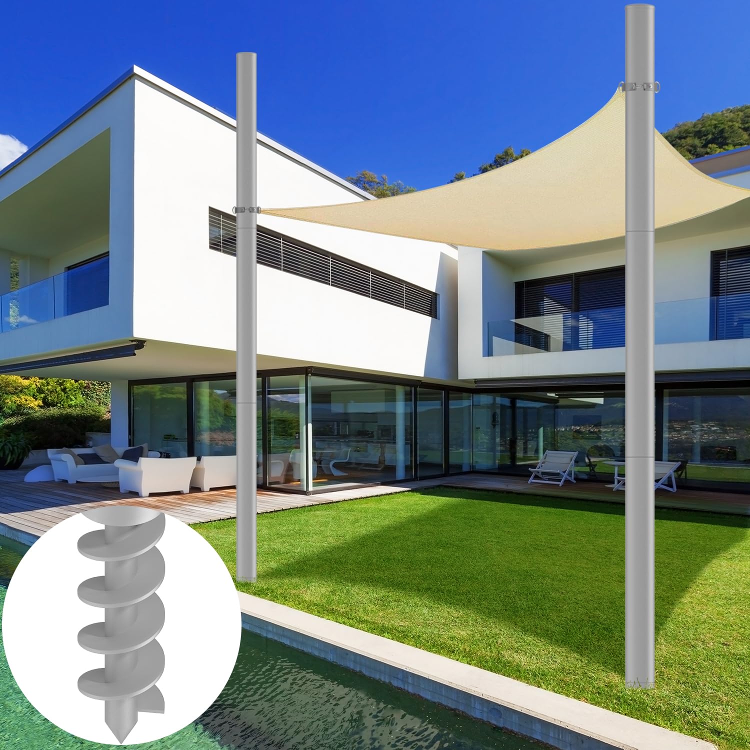 3,6 M Sonnensegel Mast, ⌀60mm Höhenverst pfosten inkl. D-Ring, 2er | für Terrasse, Garten, Pool, Sonnensegel pfosten ⌀60x3mm, rostfrei, wetterfest, verst. Stahlrohr, schnell montiert