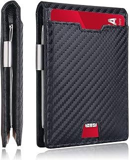 Mens Slim Wallet with Money Clip, Carbon Fiber Men's Wallet Minimalist Front Pocket RFID Blocking Bifold Leather Credit Card Holder for Men wallet with Gift Box, Carbon Fiber/ Black, small, Bifold Wallet