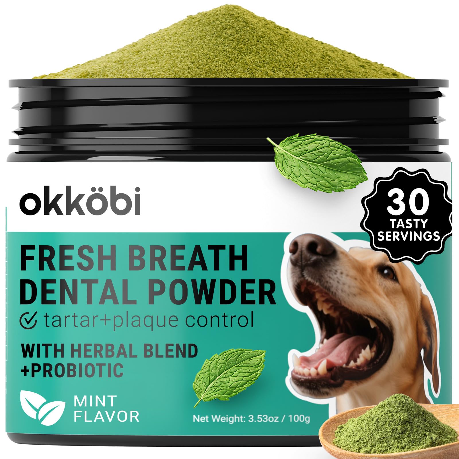 Dog Teeth Cleaning Powder - Dog Breath Freshener + Dental Care for Doggies & Cats + Tartar Remover for Teeth with Natural Ingredients + Probiotics Blend (Mint - 100g)