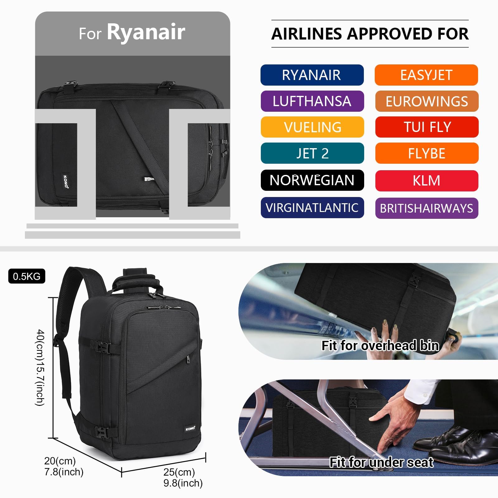 KONO Kabinentasche 40 x 20 x 25 cm für Ryanair Untersitz Reise Handgepäckrucksack Kabinengröße 20L, Schwarz - Image 2