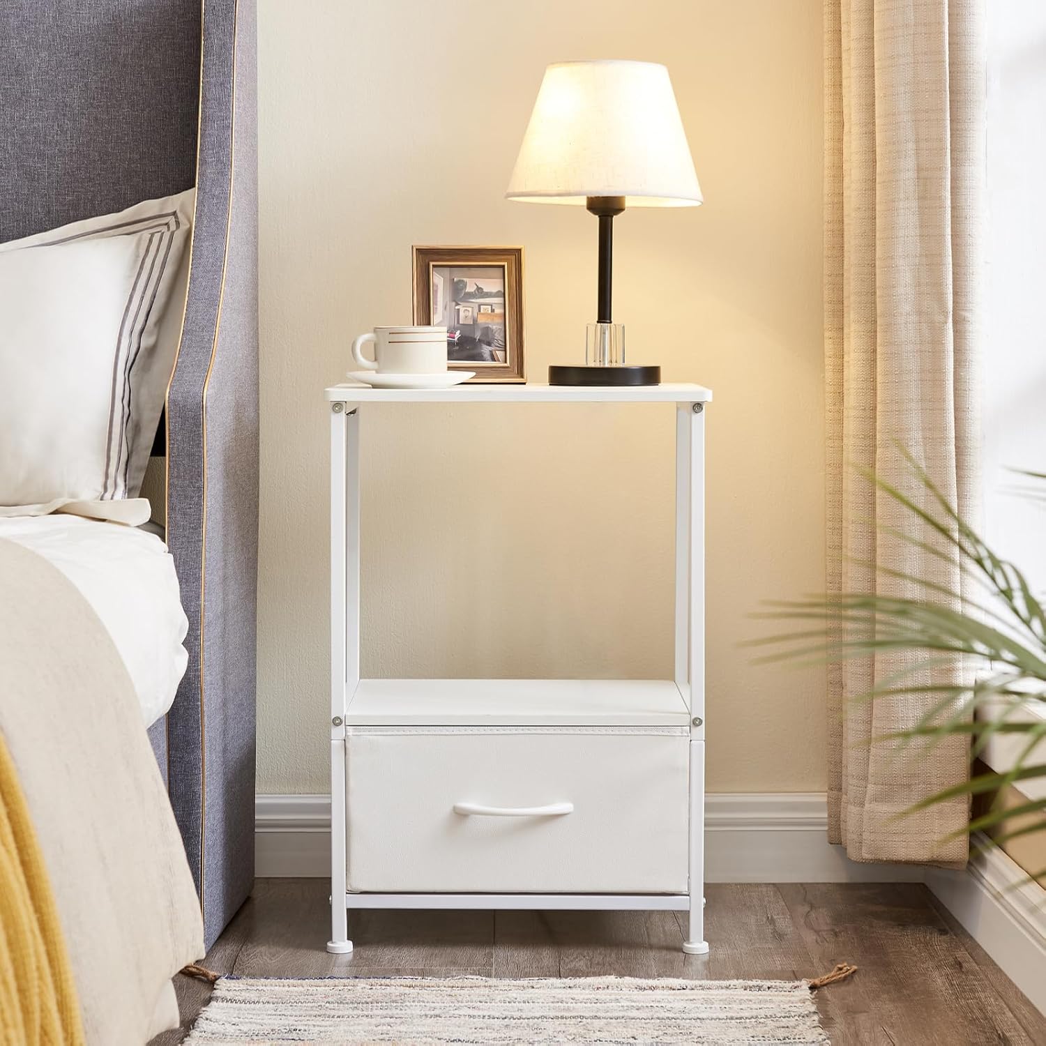 Somdot Nightstand, Bedside Table End Table for Bedroom Dorm Nursery Living Room, Removable Fabric Drawer, Open Storage Shelf, Sturdy Steel Frame, Durable Wood Top, White Leather