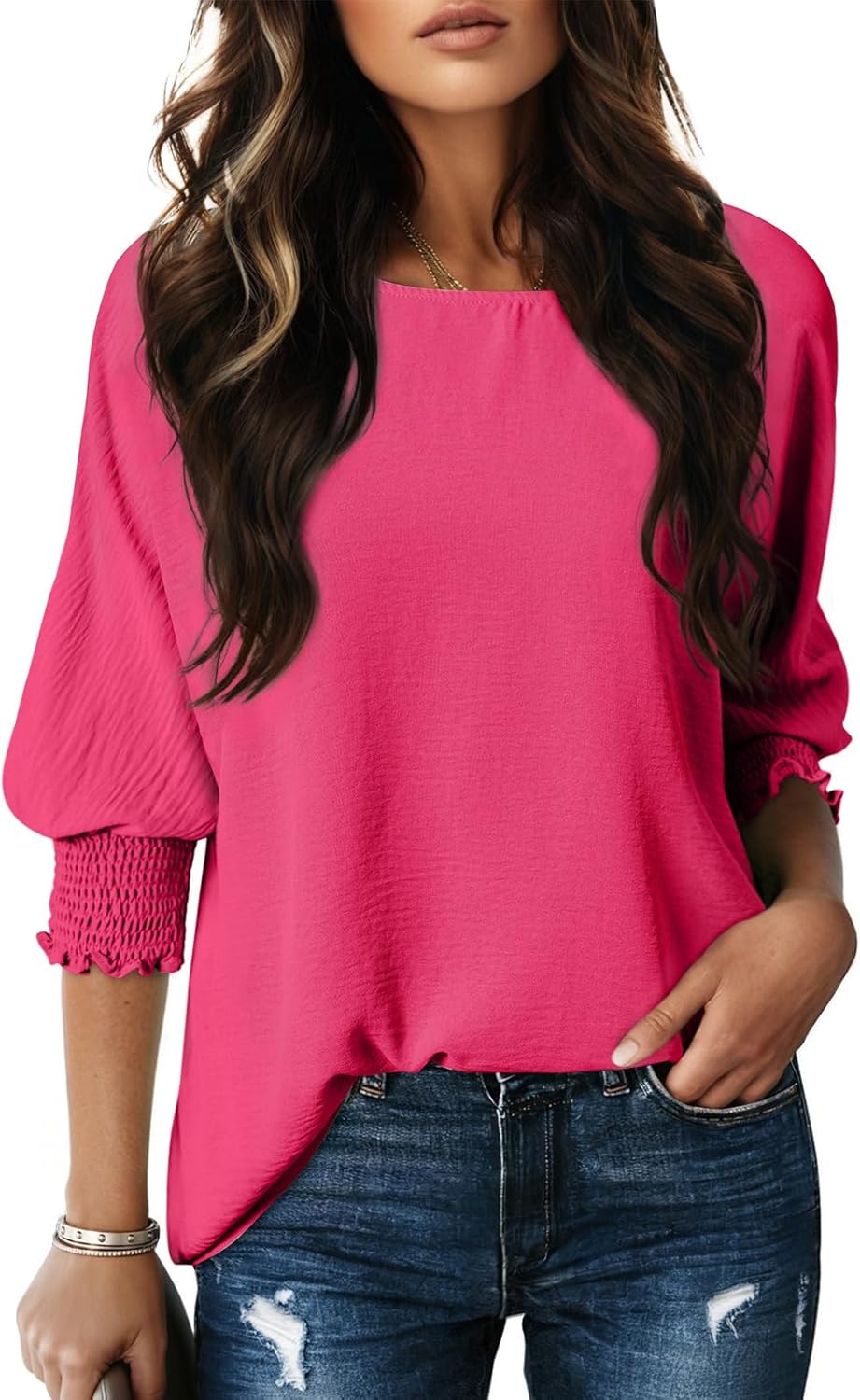 Dokotoo 3/4 Length Sleeve Womens Tops Dressy Casual Blouses Boat Neck Batwing Babydoll Top