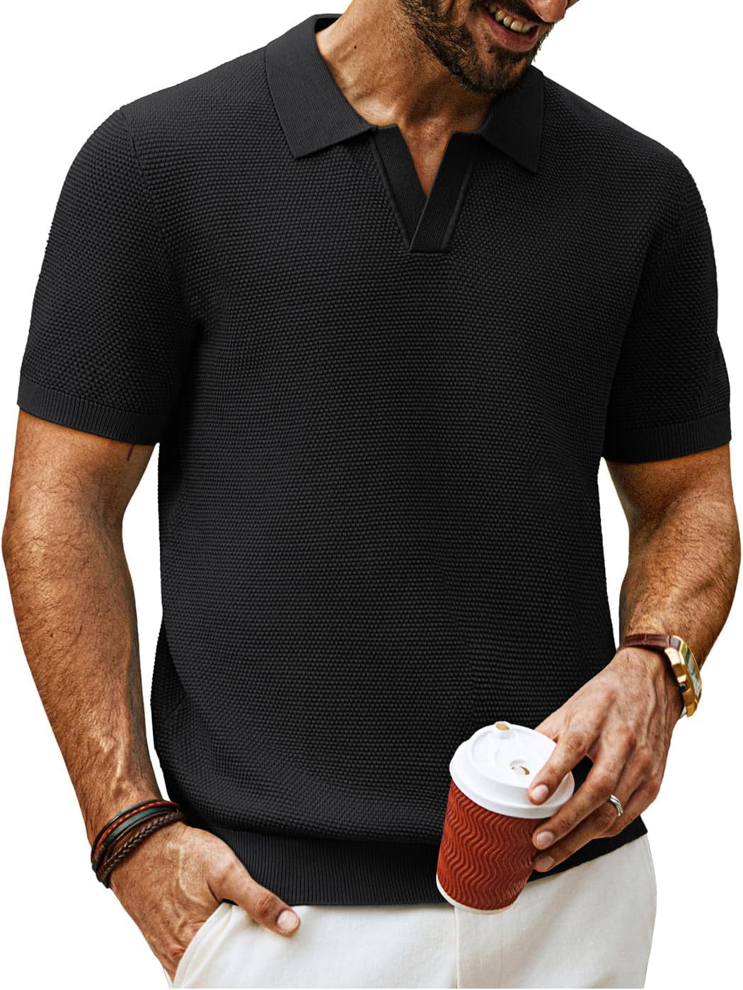 PJ PAUL JONES Mens Polo Shirts Short Sleeve Textured Knit V Neck Shirt Casual Golf Shirts Stylish Old Money Tops