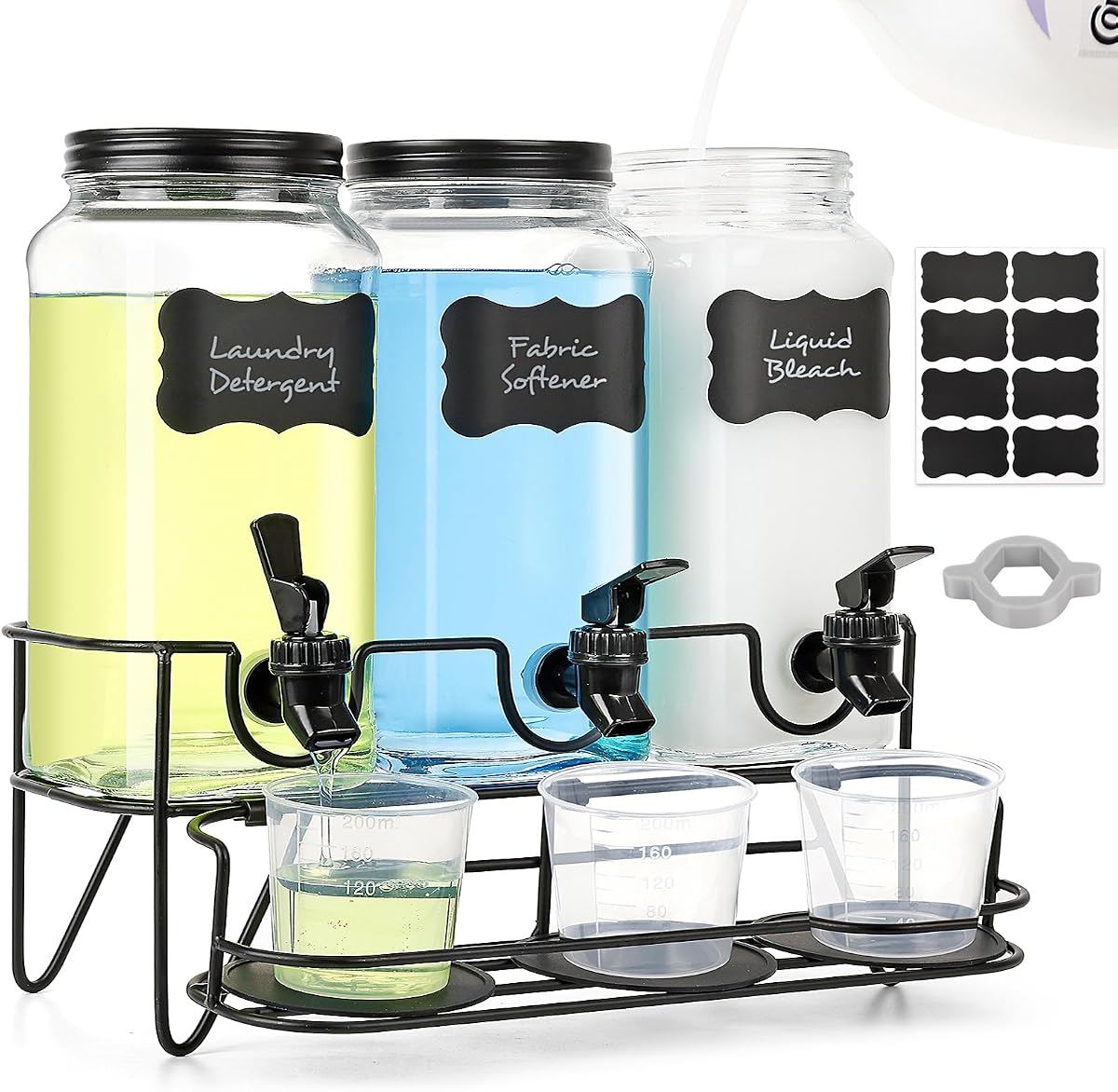 3 juegos de dispensador de detergente líquido para ropa de 2,2 l, dispensador de jabón de vidrio con soporte, taza medidora, dispensador de suavizante para organización de lavandería
