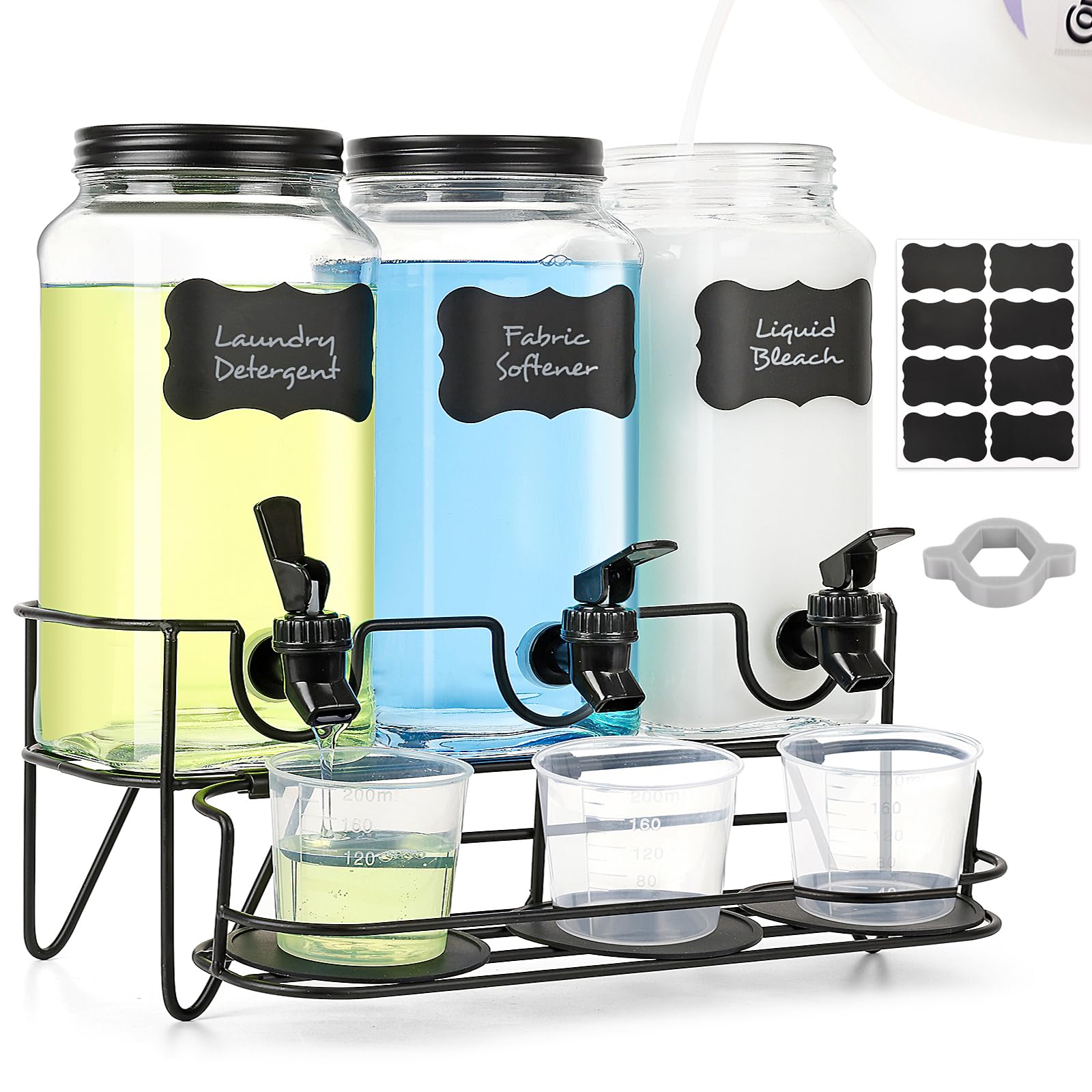 Photo 1 of ***MISSING PARTS***
3 Sets 2.2L Liquid Laundry Detergent Dispenser, Glass Laundry Soap Dispenser with Stand, Measuring Cup, Fabric Softener Dispenser for Laundry Room Organization