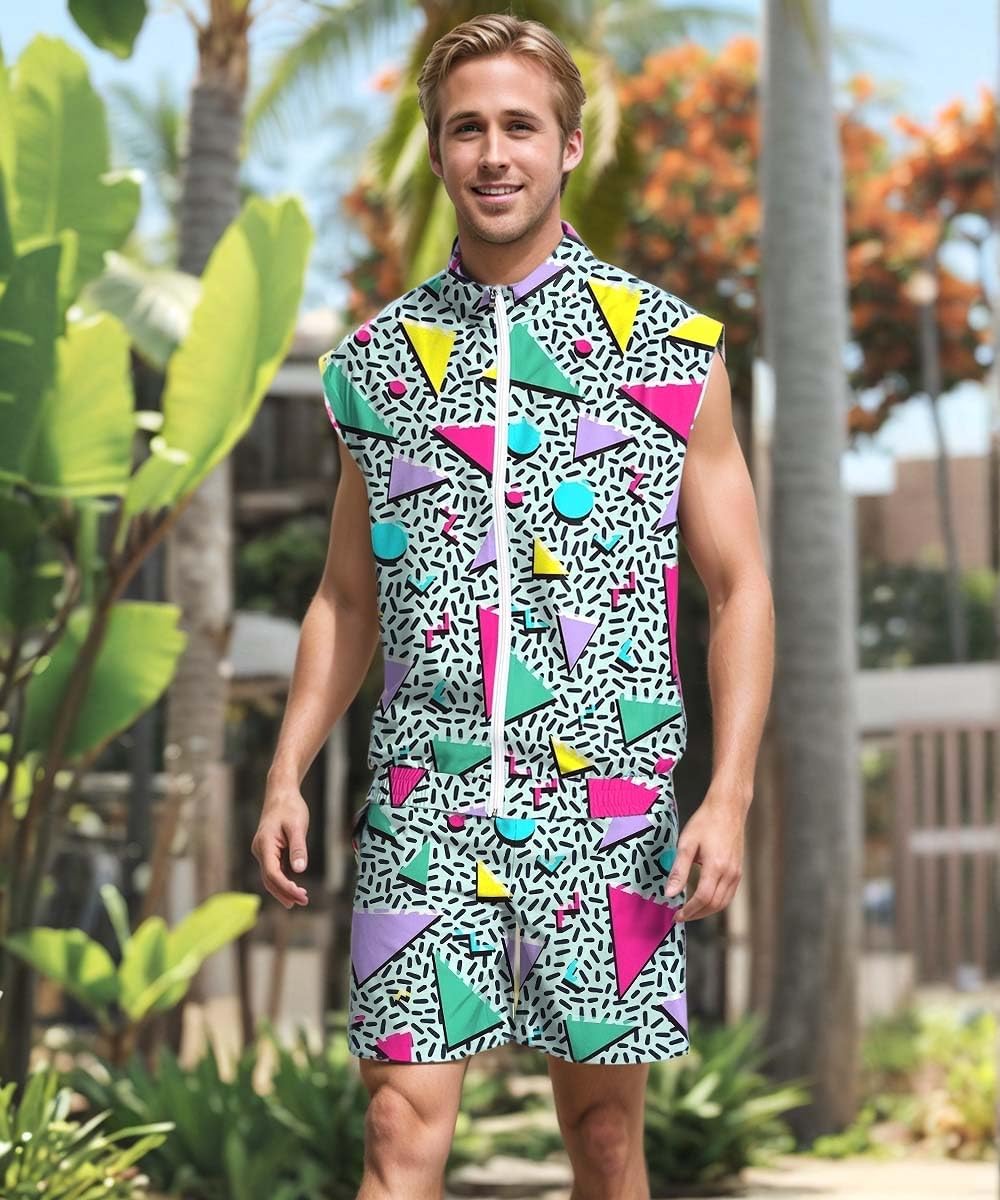 UOUA Men 80s Outfit 90s Costume 2 Piece Shorts Set Themed Party Clothes - Image 3