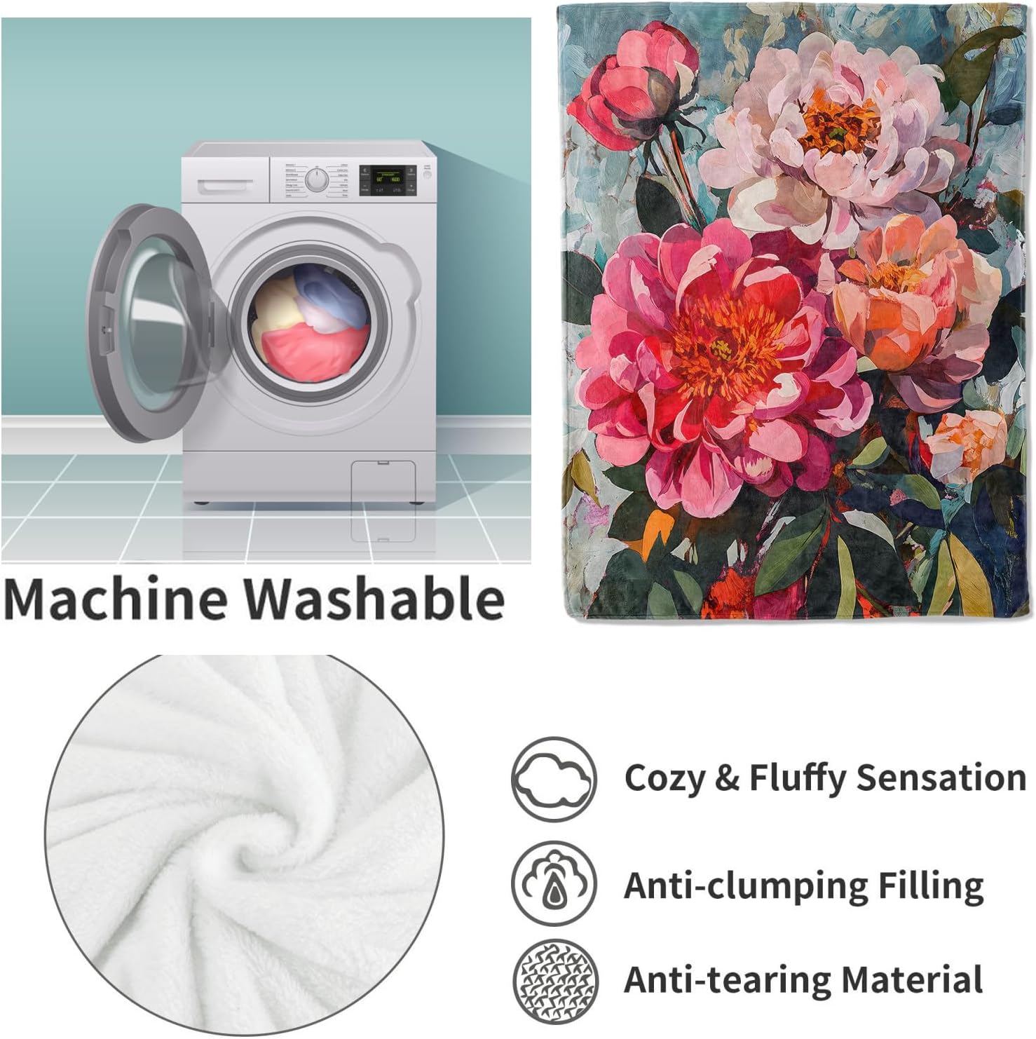 Floral Blanket Gifts for Women, Peony Flower Flannel Blanket, Soft Warm Lightweight Throw Blankets for Bed Couch Home Travel Decor 50" x 60" - Image 4