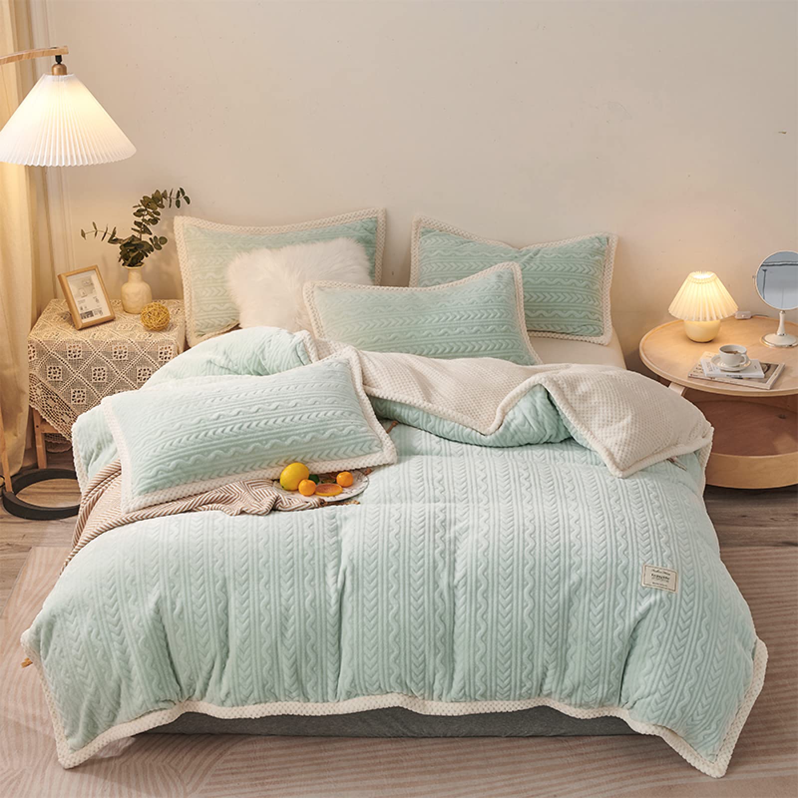 Housse de couette en fausse fourrure verte pour l'hiver au coin du feu