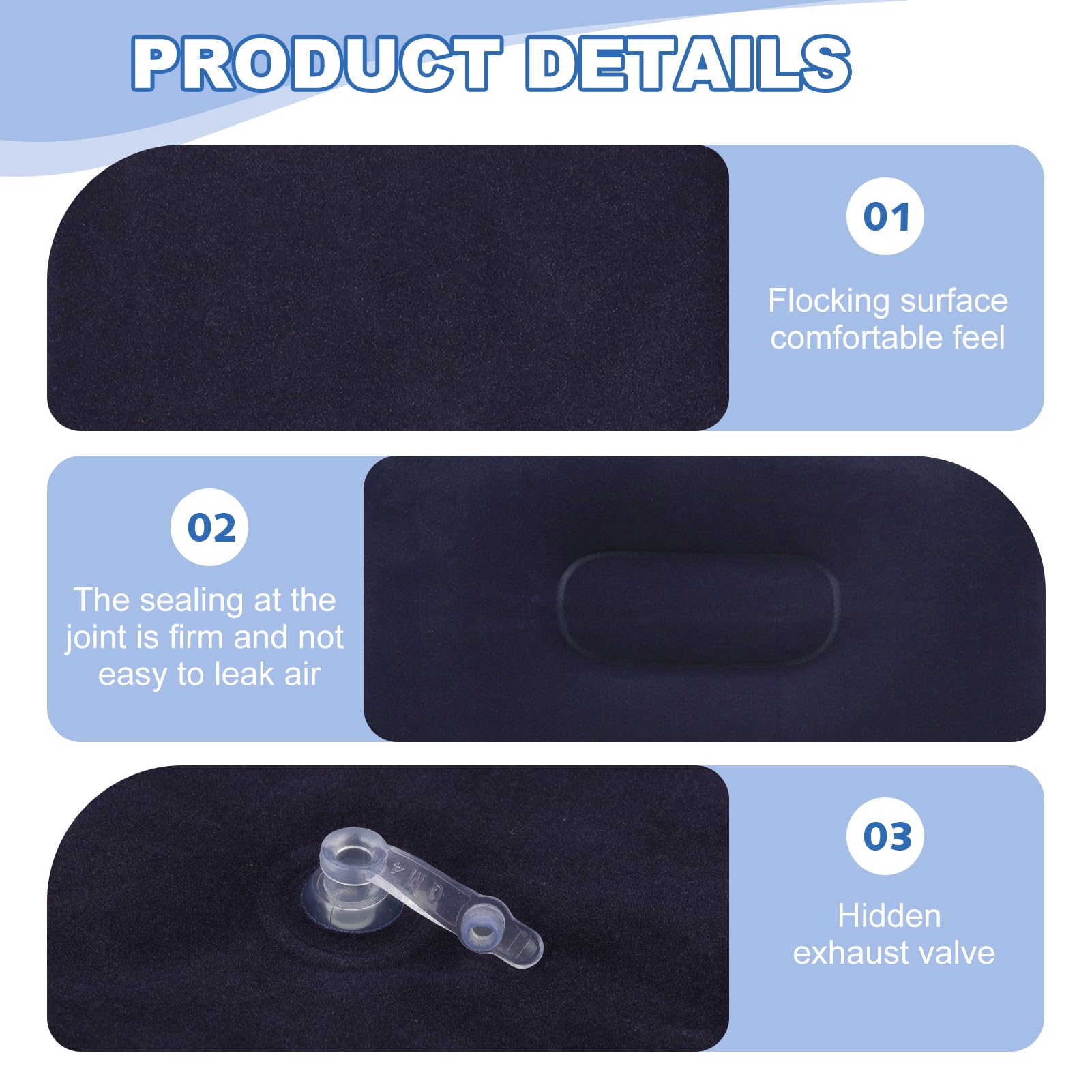 Pack de 2 Cojines Inflables Ultraligeros y Compactos para Viaje, Camping y Actividades al Aire Libre, Cojines Hinchables de Tela Afelpada Resistente al Agua, Color Azul Oscuro 35,5 cm x 22 cm x 10 cm
