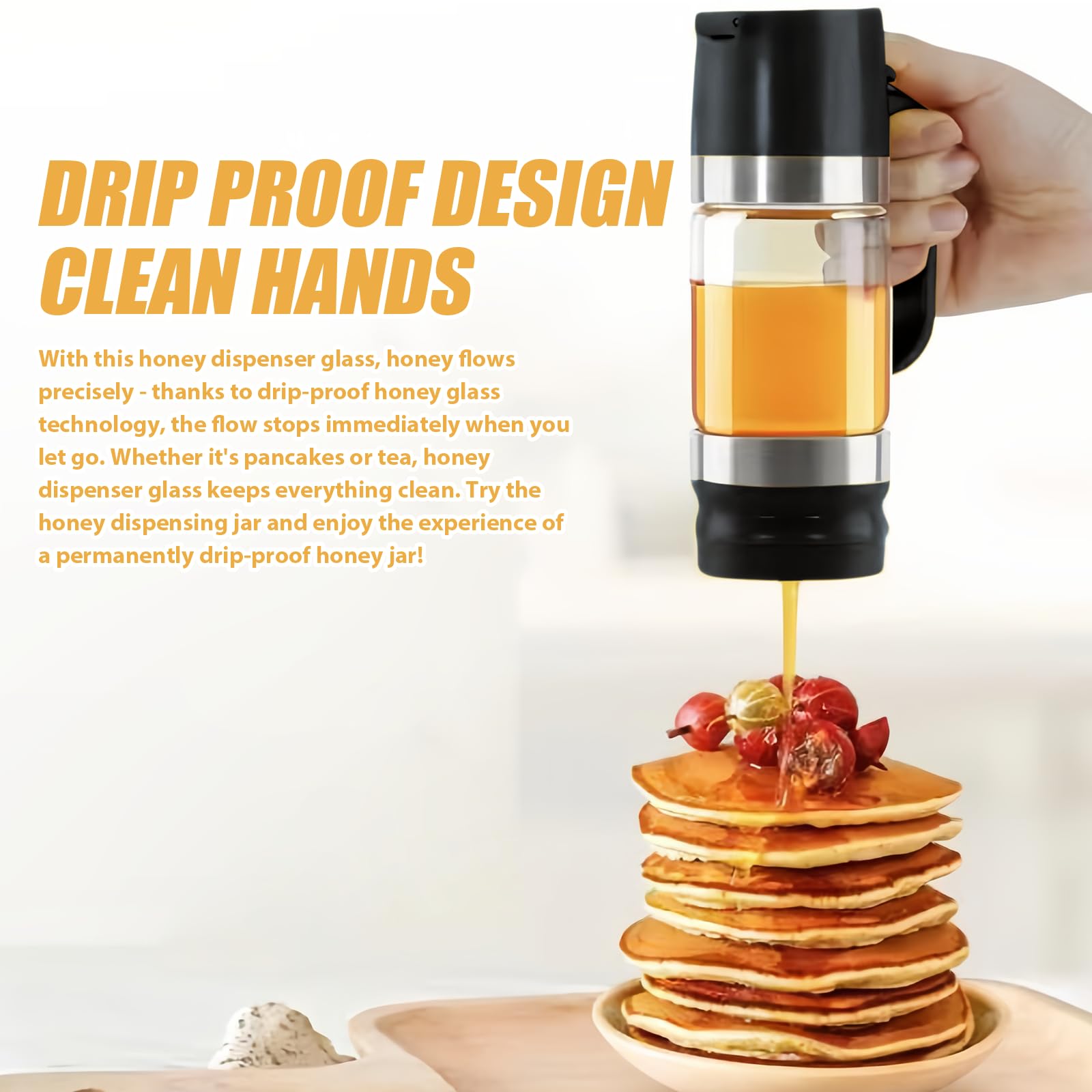 Dispenser di miele in vetro borosilicato 300 ml: barattolo per miele antigoccia con manico e tecnologia anti-ritorno, ideale per sciroppo, marmellata, caffè, tè, cucina e ufficio