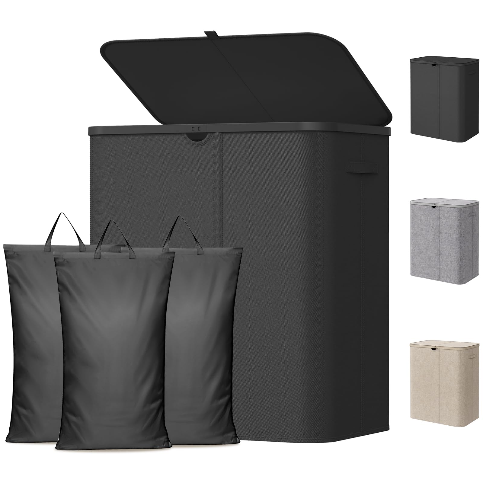 Lifewit 165L Laundry Basket with Lid, 3 Section Washing Basket with Handles and Bag, Large Foldable Dirty Clothes Organiser with Plastic Frame for Laundry Room, Bedroom, Bathroom, Black