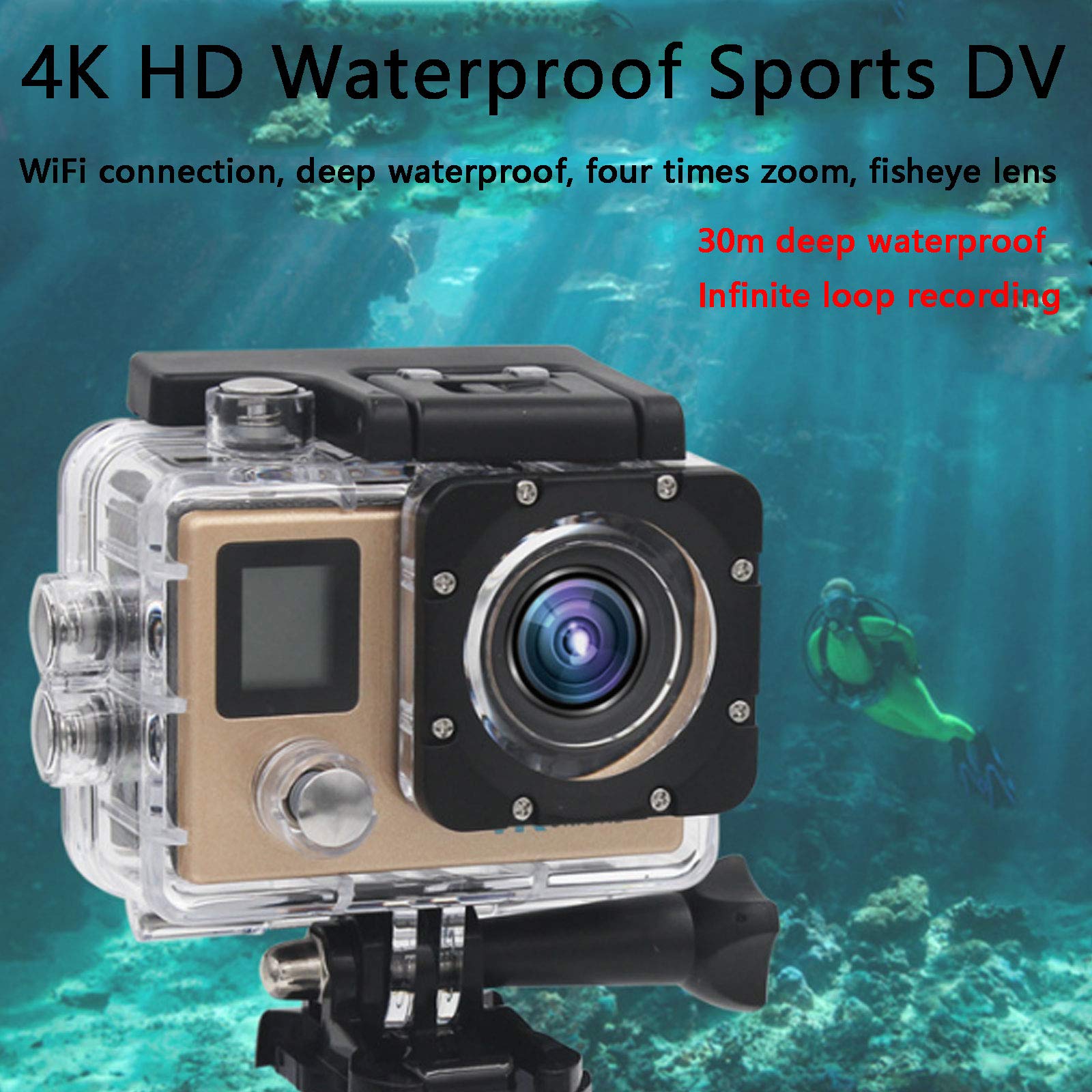 Macchina Fotografica Subacquea, Fotocamera Subacquea Digitale Full HD 4K, Doppio Schermo, Stabilizzatore D'immagine Giroscopico, Impermeabile Sommergibile Fino a 30 M,Nero