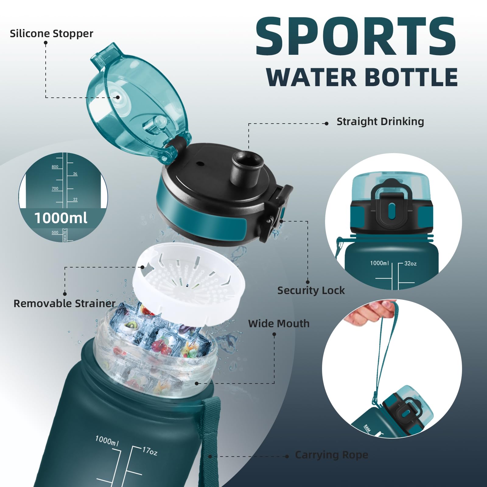 Mujigaga Borraccia 1 litro, Borraccia Palestra, Senza Perdite, Borraccie Motivazionale, Facile da Pulire, Borraccie con Orari per Bere, Bottiglie Acqua con Scovolino in Spugna, per Yoga, Campeggio - 5