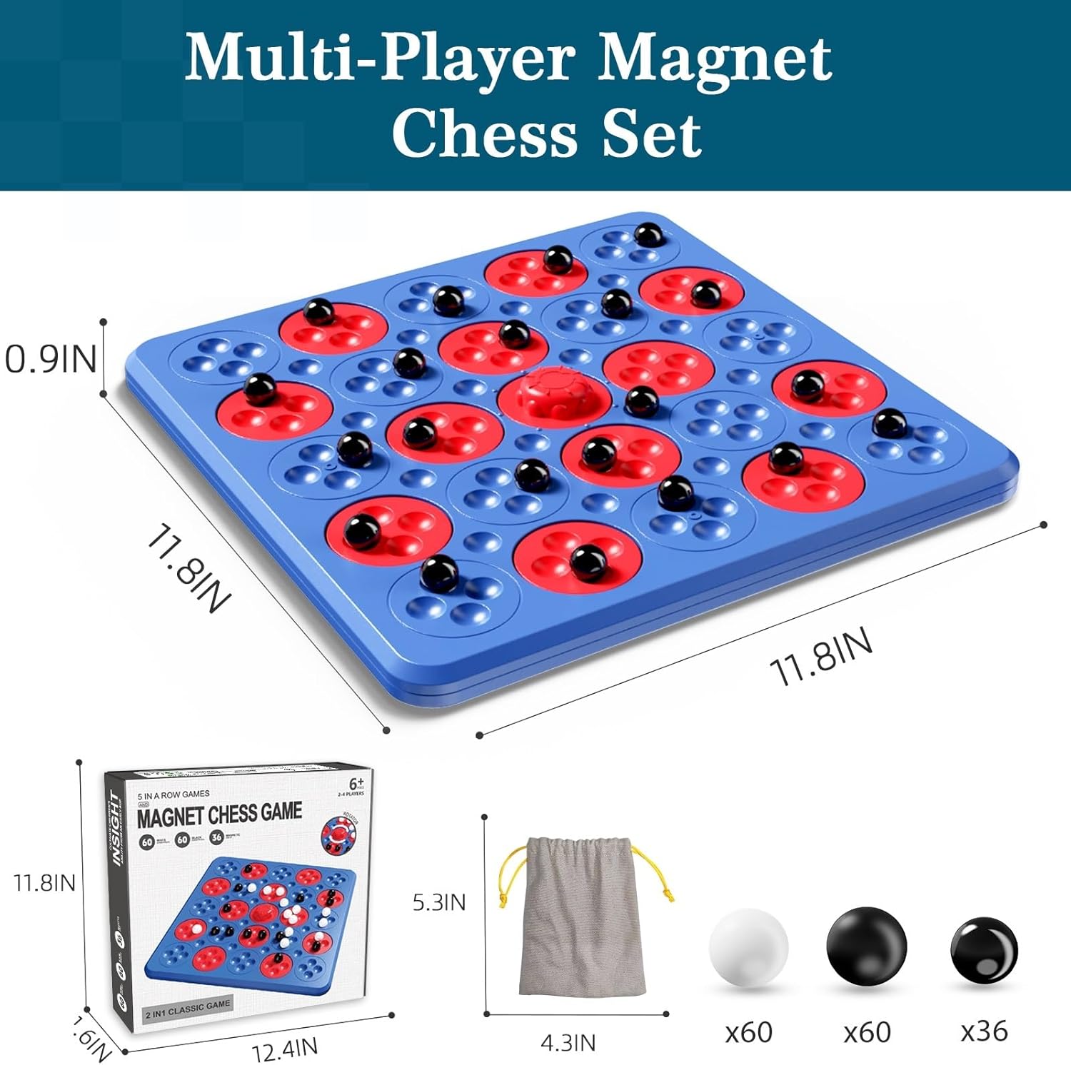 Magnet Chess Game, Magnetic Game Chess for Kids Adults Family Night, 2 in 1 Multiplayer Magnet Game with 36 Pieces & Connect-5-Piece Games, Christmas Family Board Games for Kids and Adults (Blue)