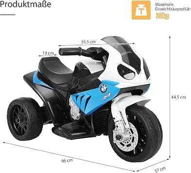 COSTWAY 6 V BMW Electric Motorcycle with Music and Headlight Tricycle Children's Motorcycle up to 3 km/h Electric Motorcycle with 2 Stabilisers Suitable for Children from 18-36 Months (Blue)