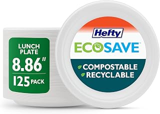 Hefty ECOSAVE Compostable Disposable Paper Plates Luncheon 8.86", 125 Count White