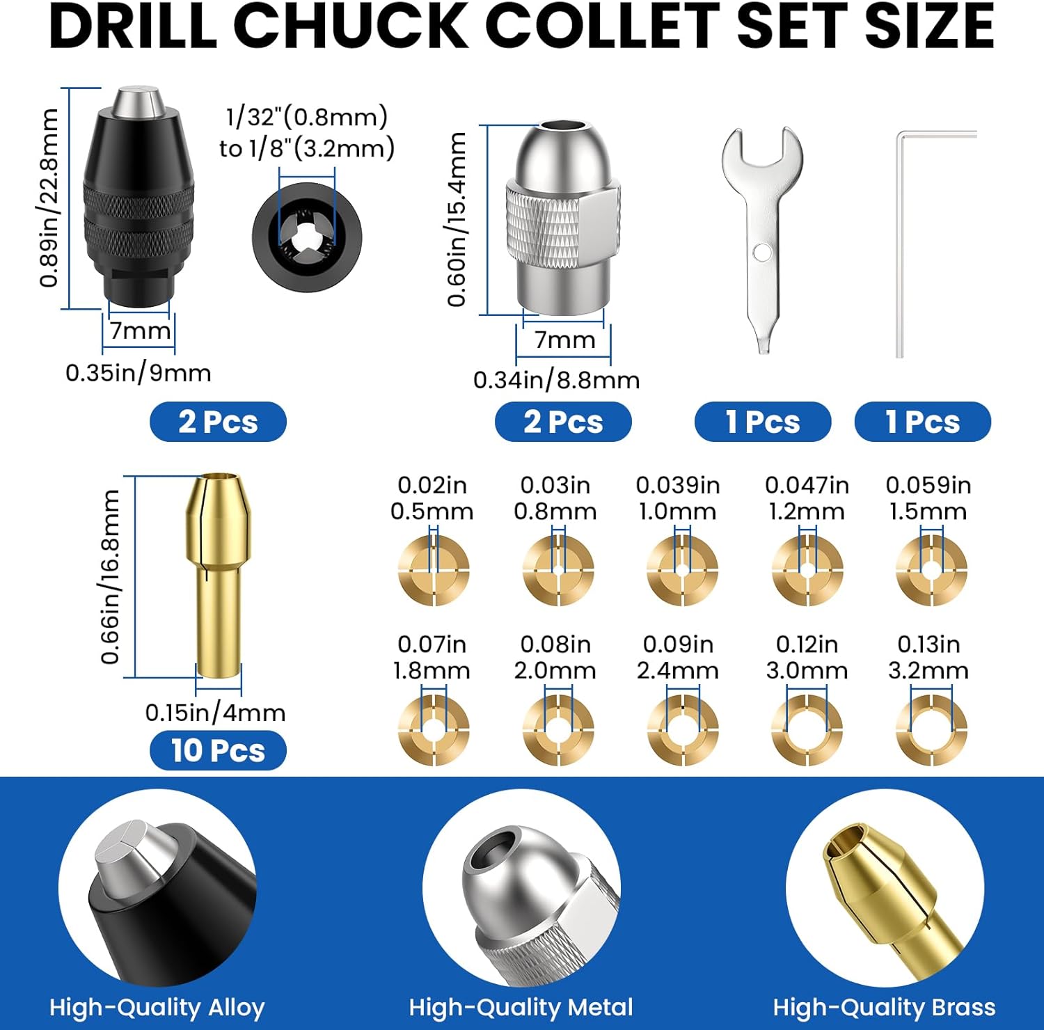 Drill Chuck Collet Set for Dre-mel, 16 Pcs Replacement Kit with 4485 Brass Collet, 4486 Keyless Chuck and Metal Nut for 1/32” (0.8mm) to 1/8” (3.2mm) Shank Rotary Tool Accessories