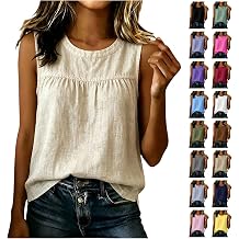 Cotton Linen Tank Tops for Women Summer Sleeveless Grauzy Shirt Lightweight Pleated Side Slit Dressy Blouse Flowy Tank
