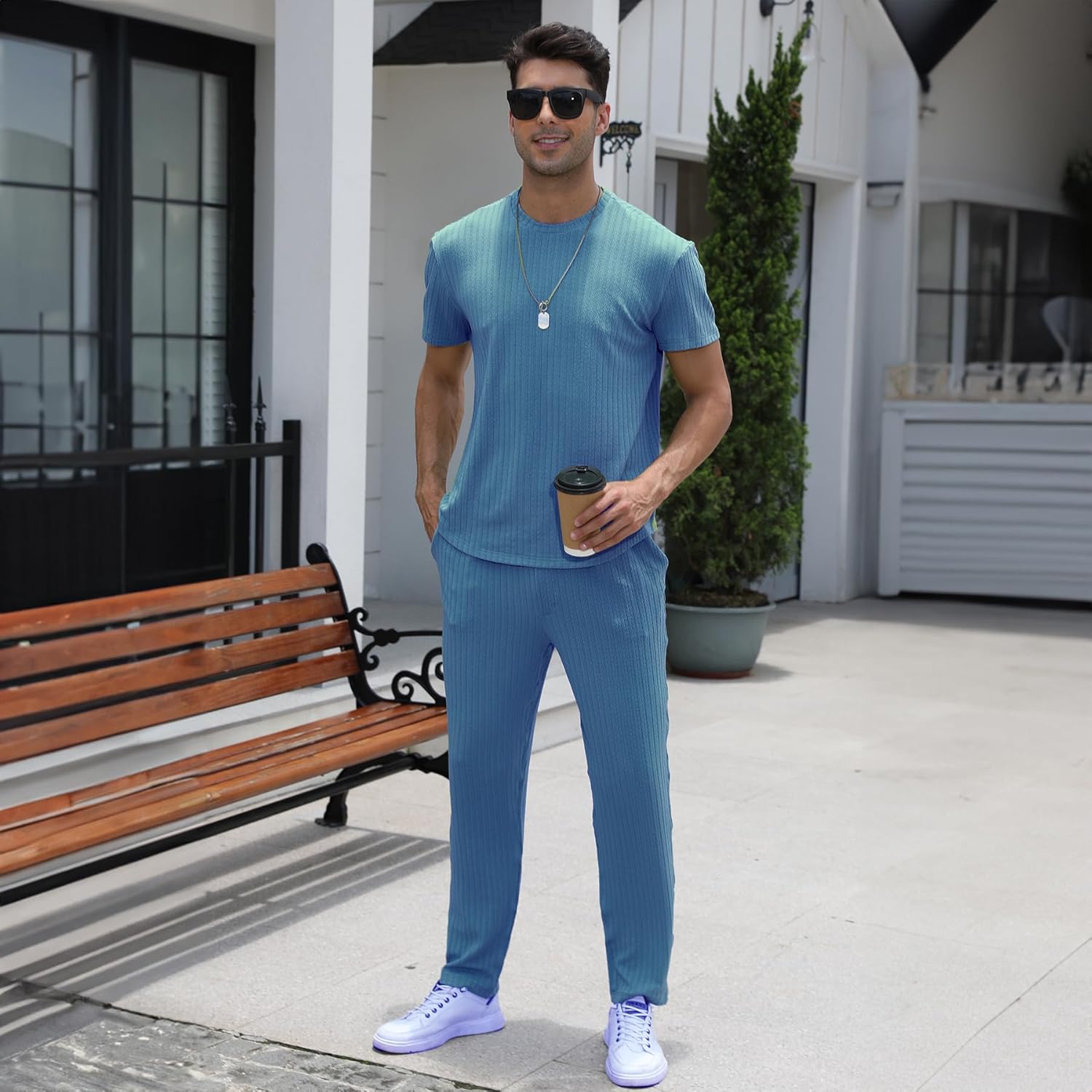 FZNHQL Men's 2 Piece Outfits Sets Sweatsuit Fashion Textured Jacquard Tracksuit Two Piece Men Set