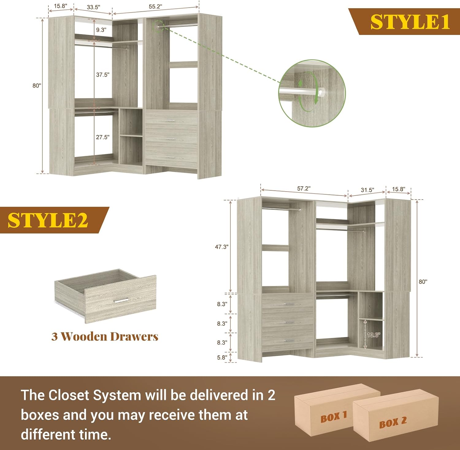 Diagram showing two styles of the Aheaplus closet system with dimensions, highlighting the 3 wooden drawers and delivery in 2 boxes.