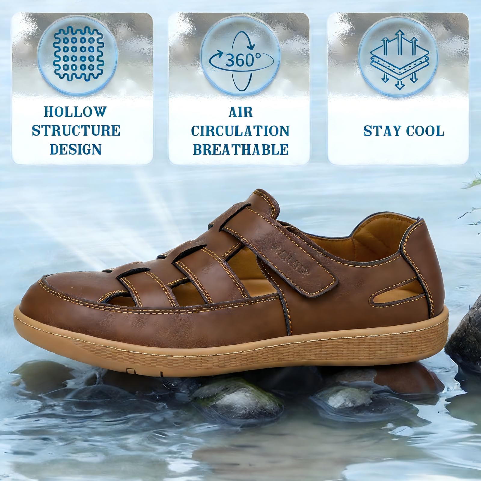 Sandalias de Hombre Cerradas de Piel Sintética con Velcro Ajustable, Cómodas para Caminar, Sandalias Pescador Transpirables para Verano y Uso Casual — view 3
