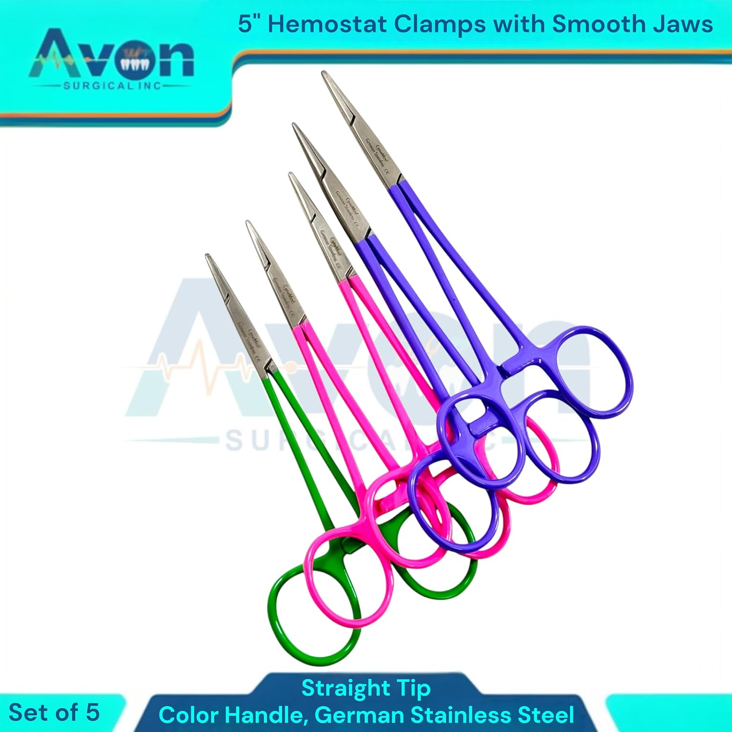 5-Inch Hemostat Forceps with Straight Smooth Tips | Color-Coated Handle Multi-Purpose Locking Clamps for Crafts, Hobby, Fishing [5 Piece Bundle Multi-Color]