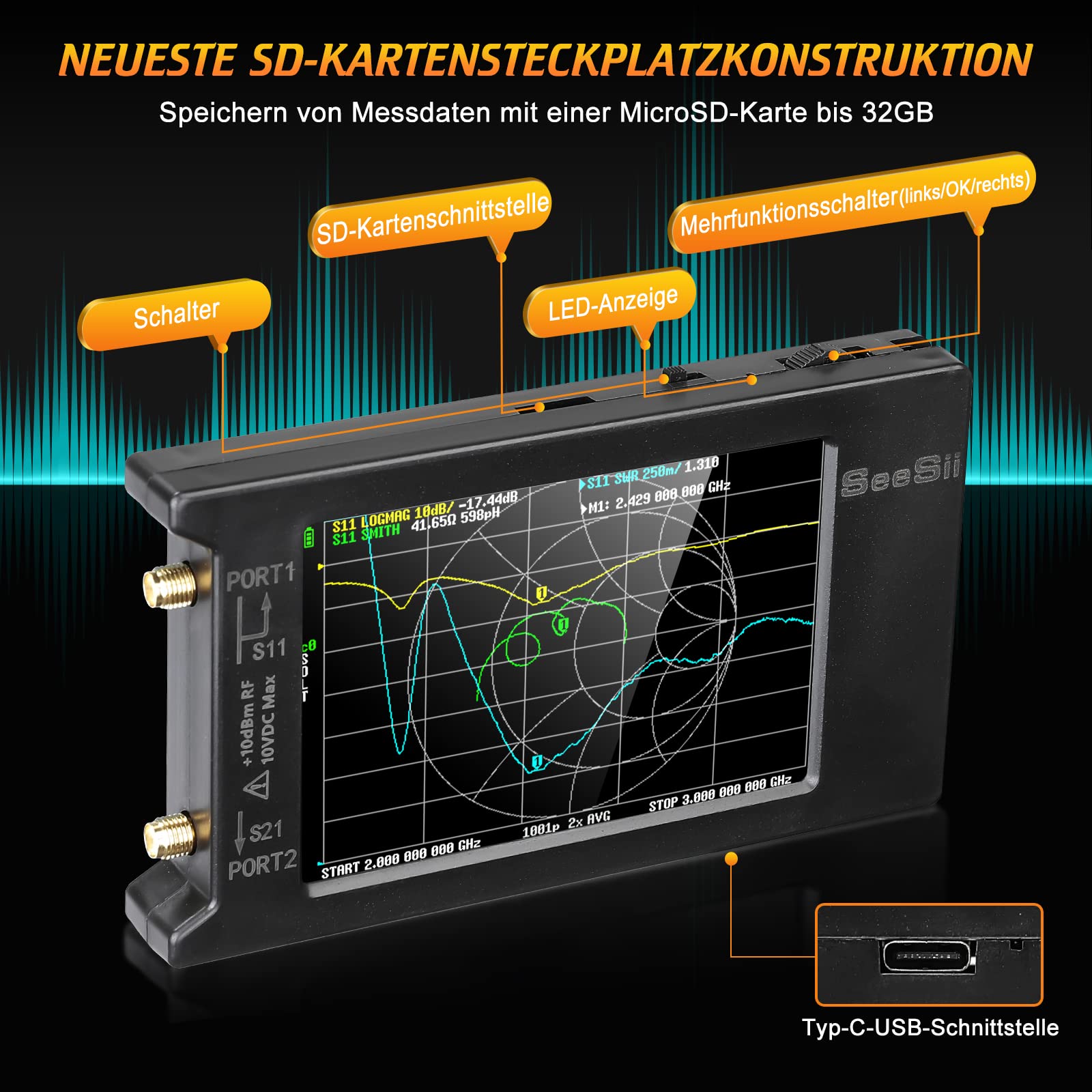 Seesii LiteVNA Vektor Netzwerk Analysator, Verbesserter 4 Zoll Antennen Analysator 50kHz-6,3GHz mit MicroSD-Steckplatz, Messung Smith Chart S Parameter HF VHF UHF SWR Phase Delay