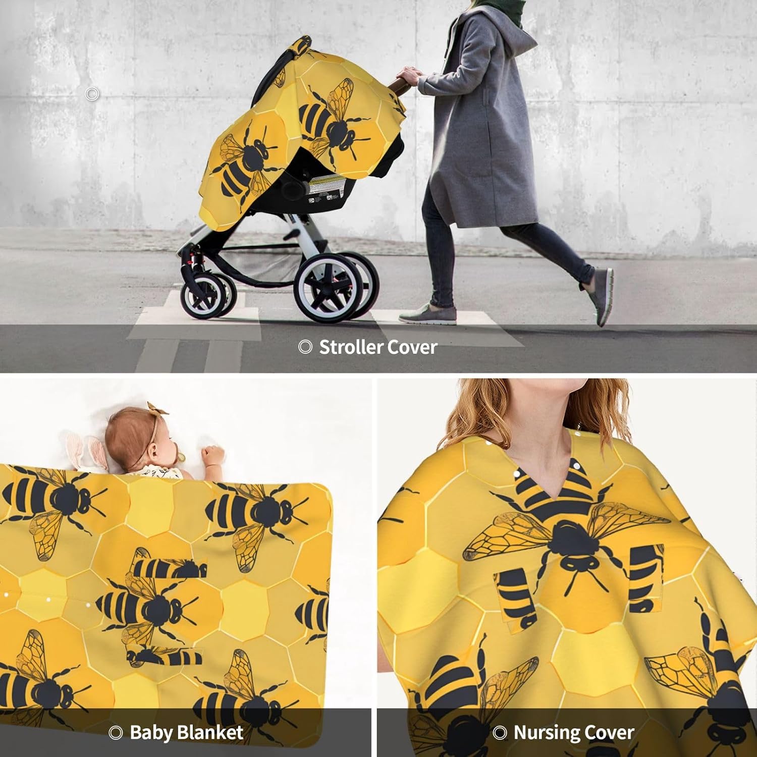 Honey Bee Pattern Baby Car Seat Cover & Breastfeeding Nursing Cover - Breathable Stretch Fabric Multi-Use Nursing Cover for Breastfeeding