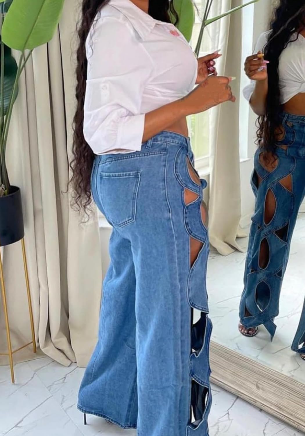 Vaceky Hollow Out Jeans Women Y2K Trendy High Waist Straight Leg Stretchy Summer Denim Pant - Image 2